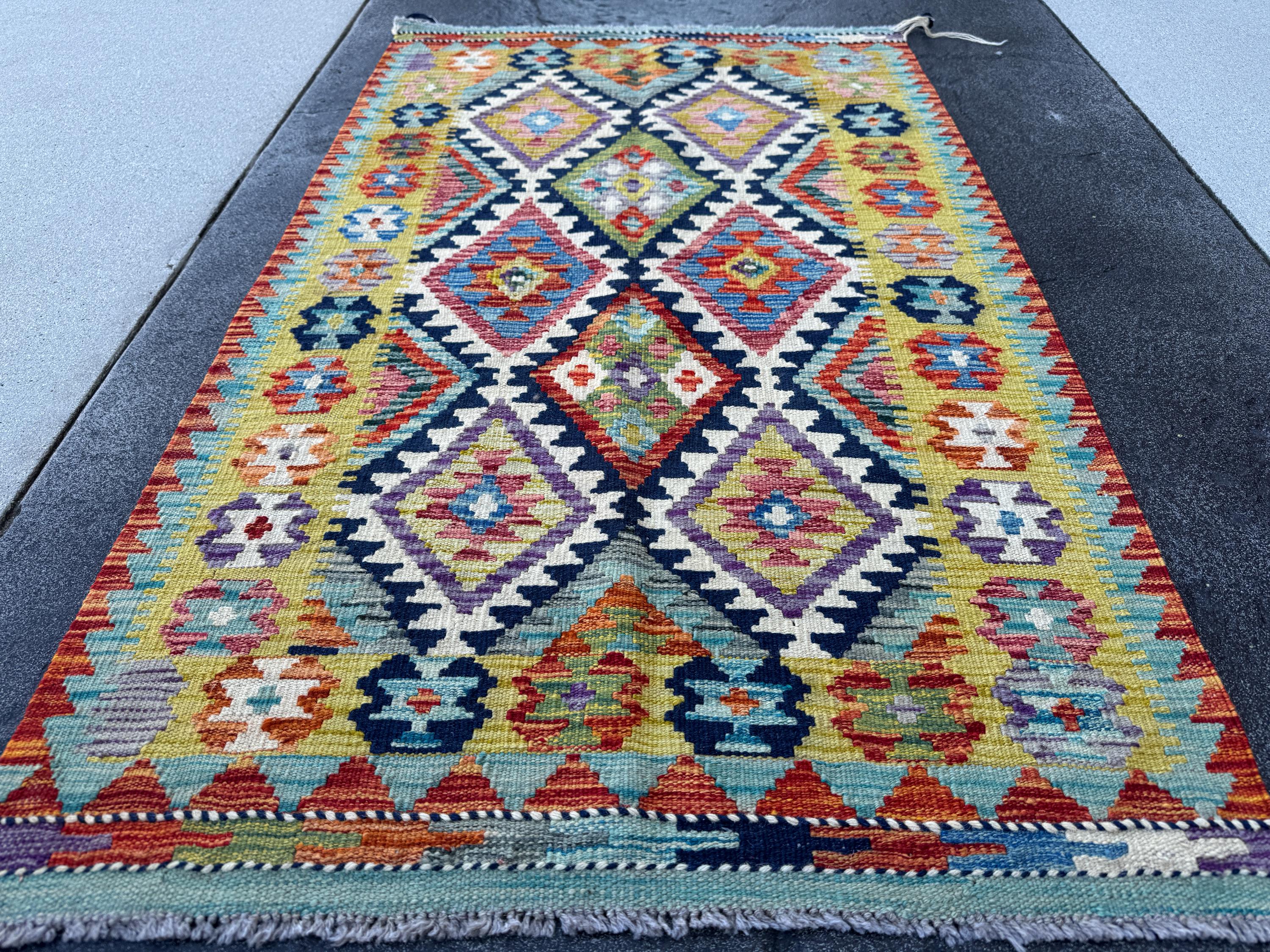 3x5 (91x152) Handmade Afghan Kilim Rug | Olive Green Navy Blue Aqua Turquoise Teal Rust Burnt Orange Mauve Purple Cream White Red | Wool
