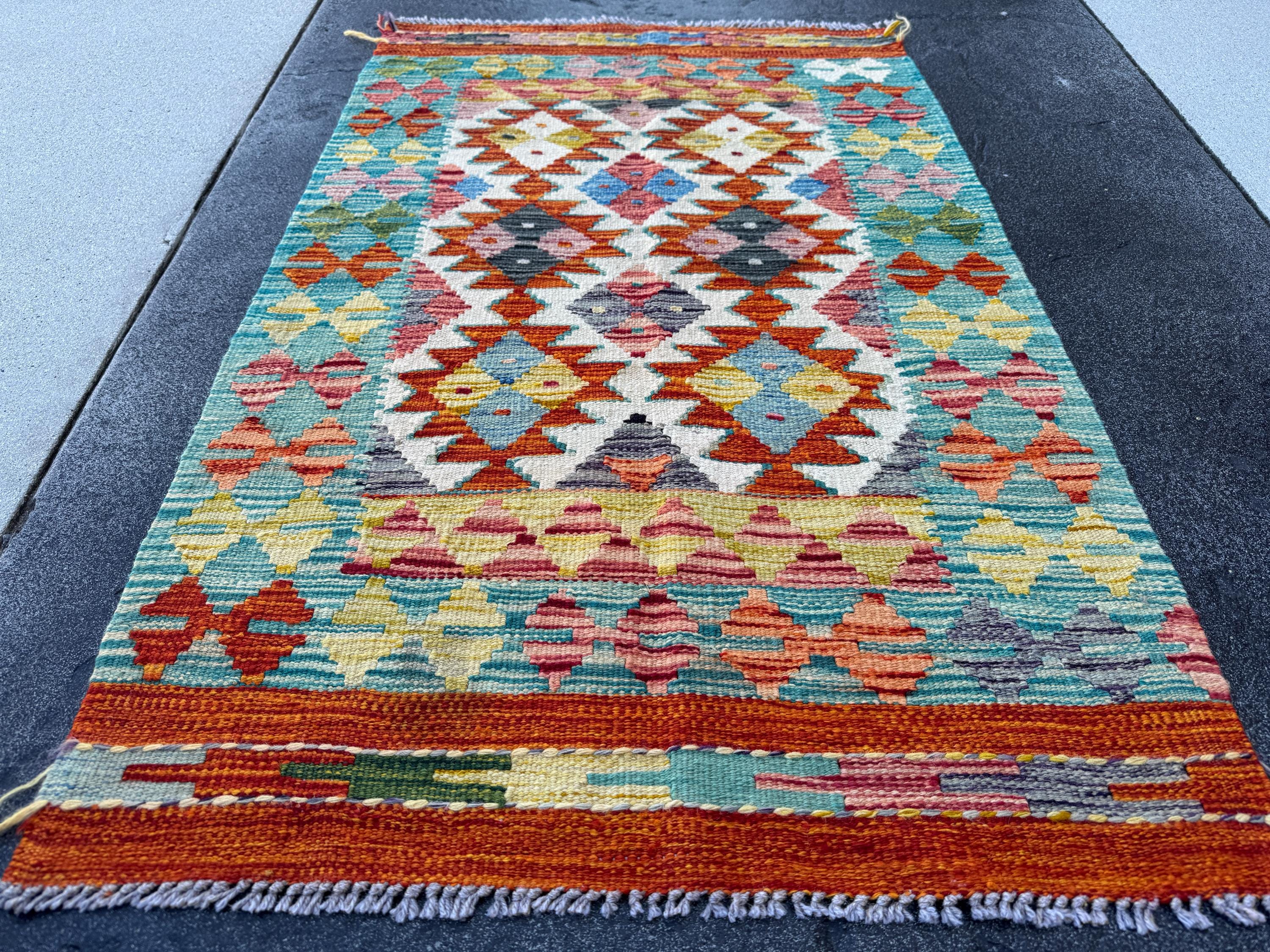 3x4 Handmade Afghan Kilim Rug | Teal Burnt Orange Yellow Mauve Olive Green Navy Blue Charcoal Grey Cream White Turquoise Rust | Wool