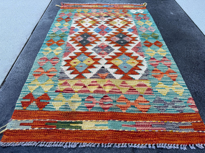 3x4 Handmade Afghan Kilim Rug | Teal Burnt Orange Yellow Mauve Olive Green Navy Blue Charcoal Grey Cream White Turquoise Rust | Wool