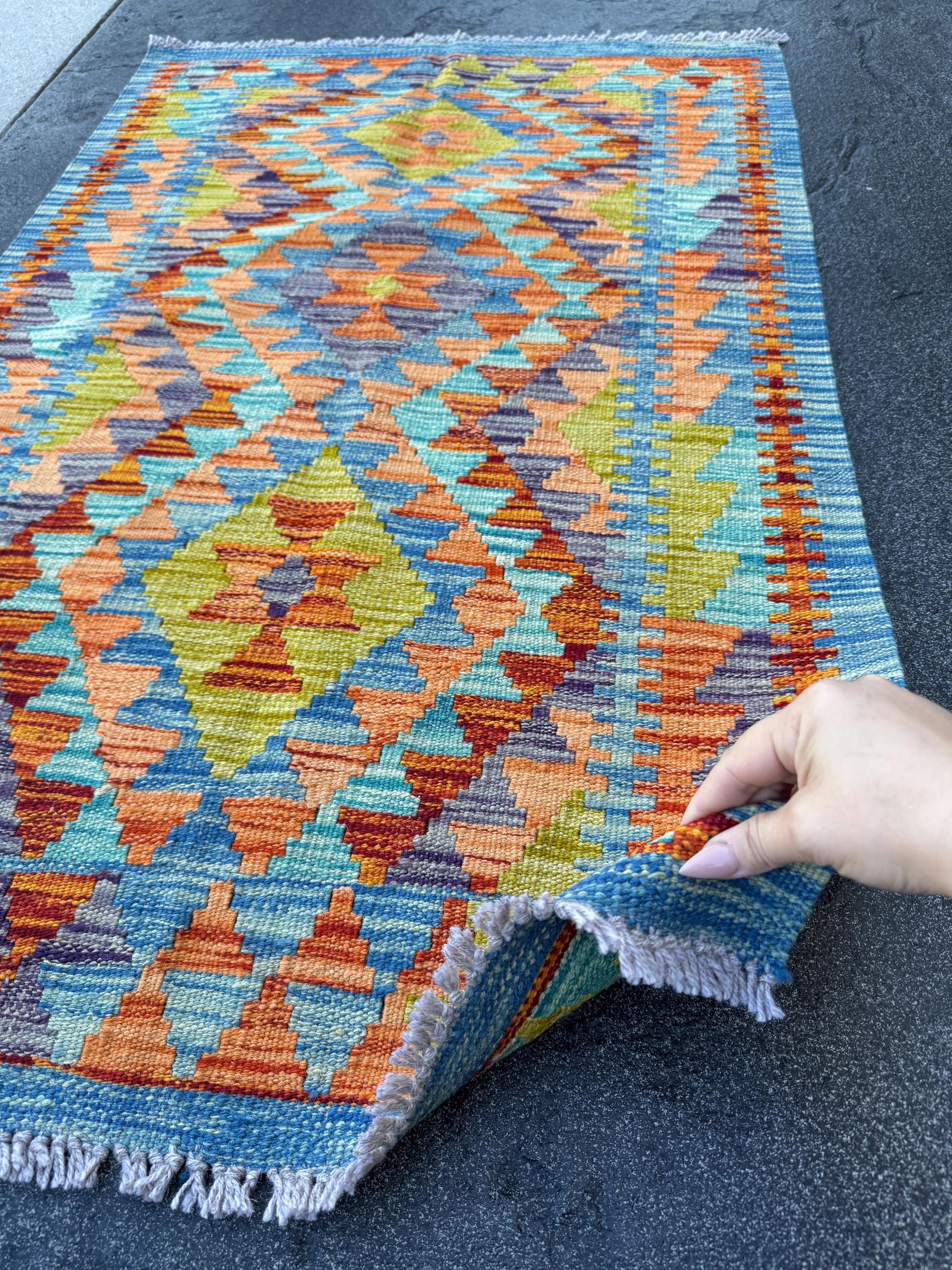 3x4 Handmade Afghan Kilim Rug | Denim Blue Orange Yellow Green Rust Red Mauve Teal Aqua Turquoise Charcoal Grey | Wool Flatwoven