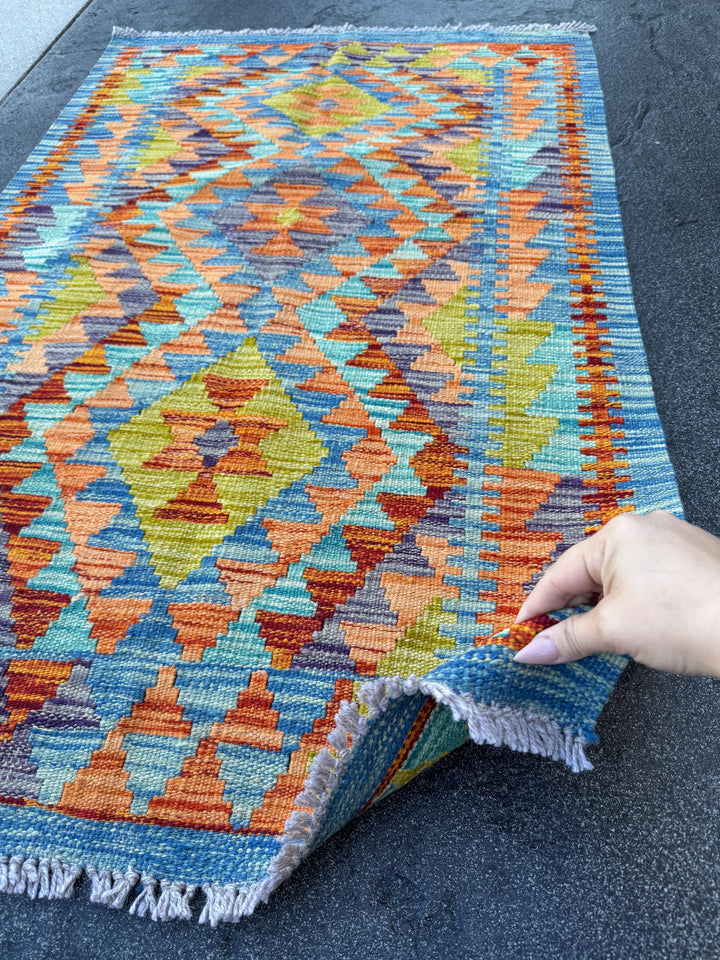 3x4 Handmade Afghan Kilim Rug | Denim Blue Orange Yellow Green Rust Red Mauve Teal Aqua Turquoise Charcoal Grey | Wool Flatwoven