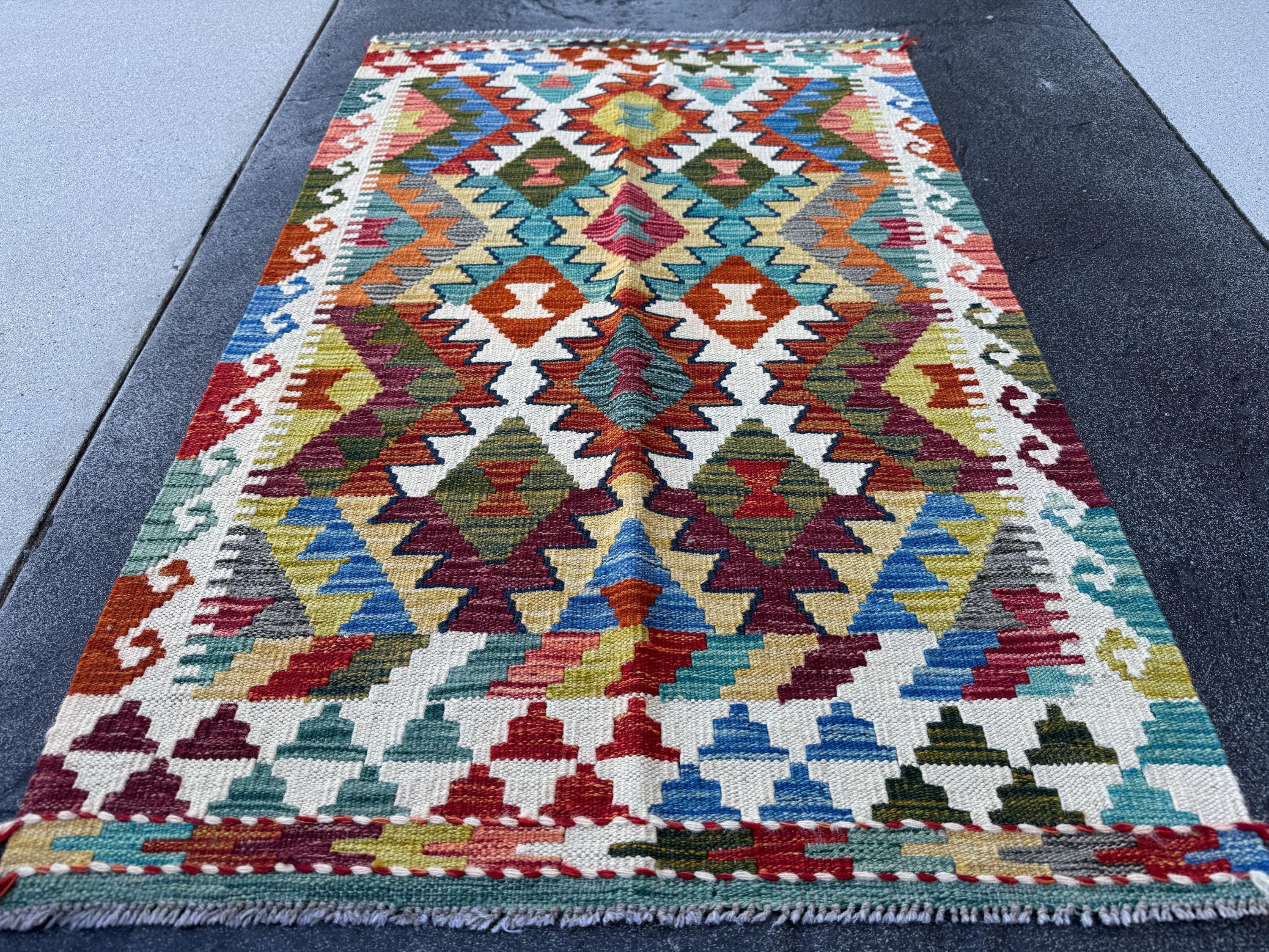 3x4 Handmade Afghan Kilim Rug | Cream White Burgundy Rust Red Olive Green Mustard Yellow Teal Aqua Blue Navy Grey Charcoal | Wool Flatwoven