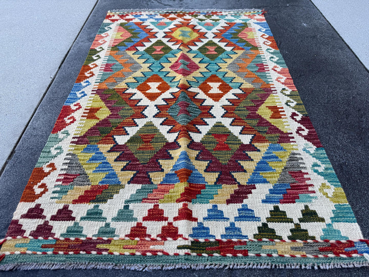 3x4 Handmade Afghan Kilim Rug | Cream White Burgundy Rust Red Olive Green Mustard Yellow Teal Aqua Blue Navy Grey Charcoal | Wool Flatwoven