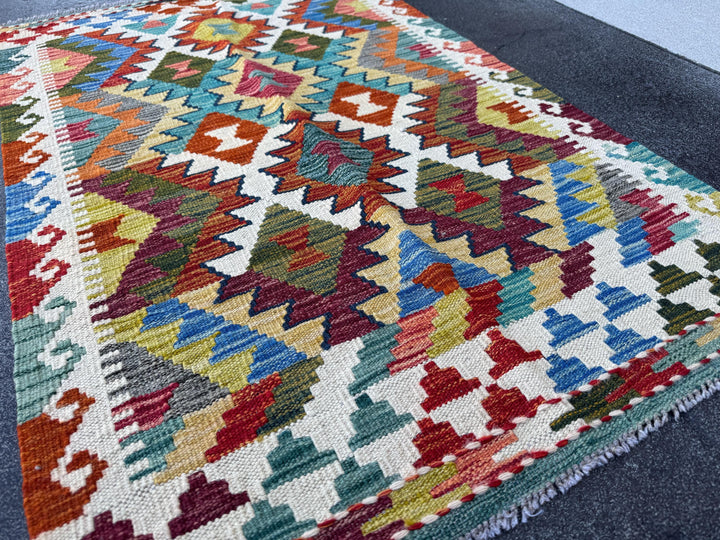 3x4 Handmade Afghan Kilim Rug | Cream White Burgundy Rust Red Olive Green Mustard Yellow Teal Aqua Blue Navy Grey Charcoal | Wool Flatwoven