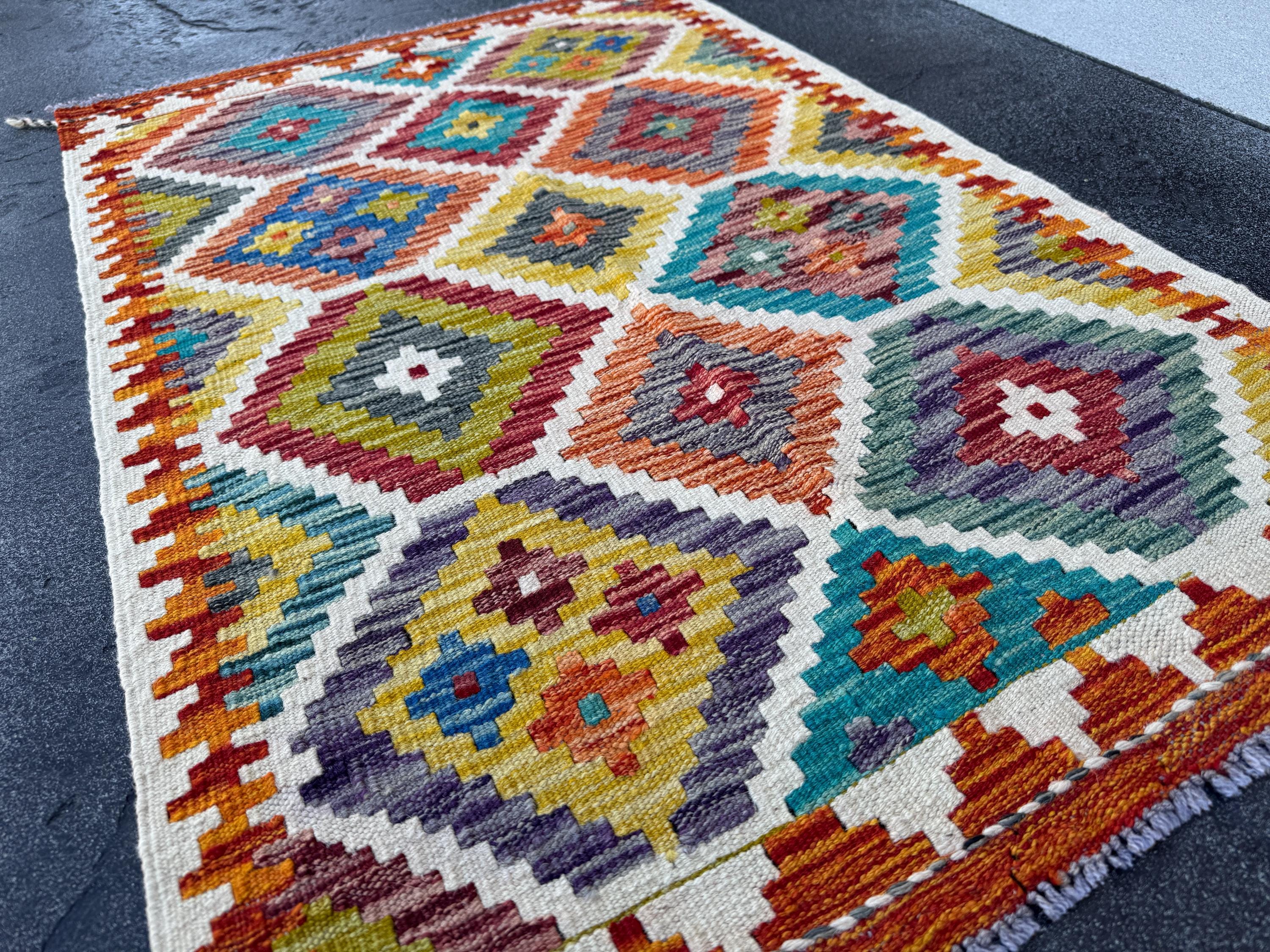 3x4 Handmade Afghan Kilim Rug | Cream White Burgundy Rust Red Olive Green Mustard Yellow Teal Aqua Blue Navy Grey Charcoal | Wool Flatwoven