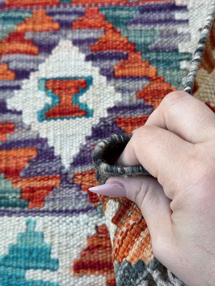 3x4 Handmade Afghan Kilim Rug | Cream White Rust Red Teal Aqua Blue Purple Grey Charcoal Grey Green | Wool Flatwoven