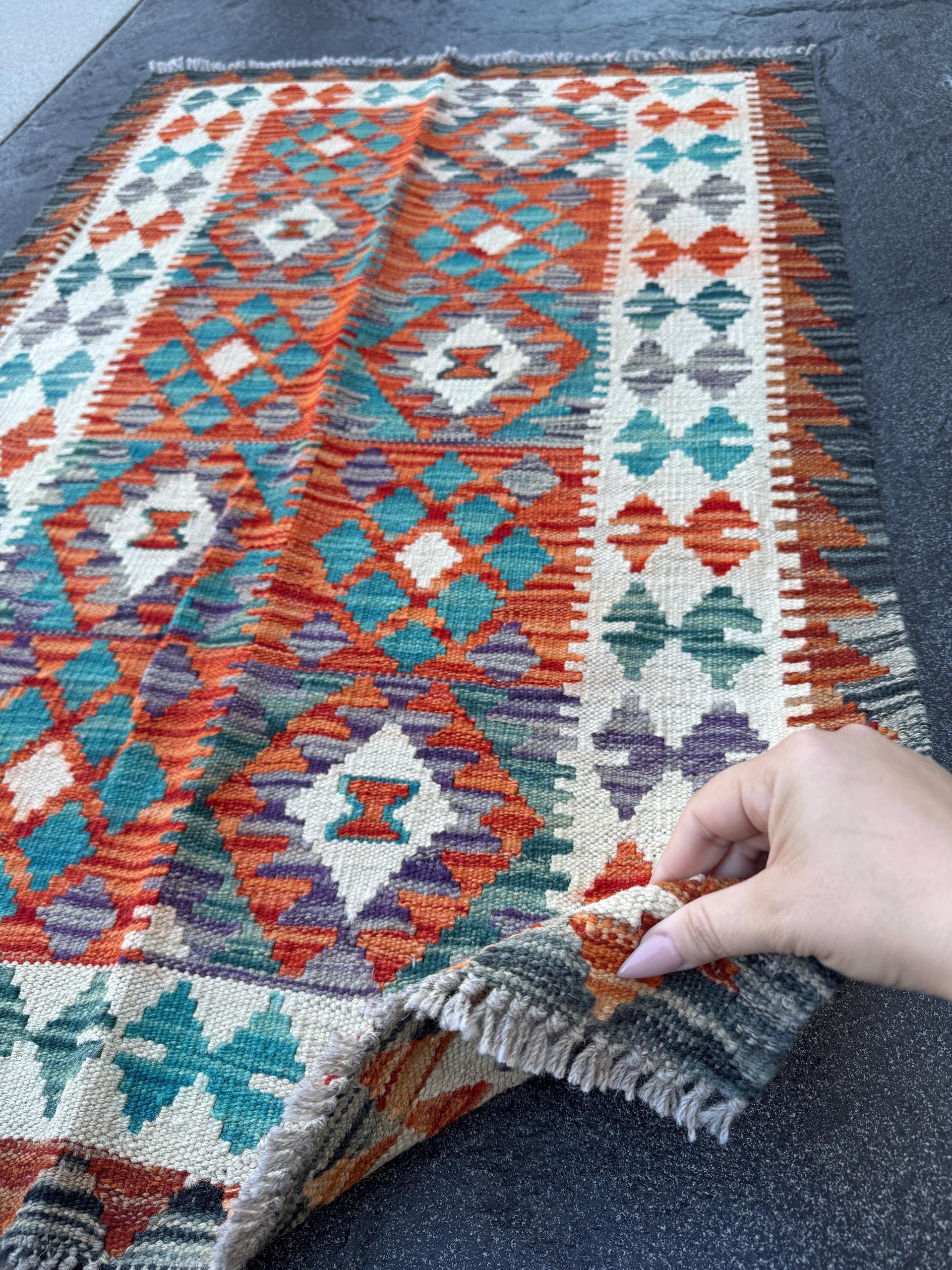 3x4 Handmade Afghan Kilim Rug | Cream White Rust Red Teal Aqua Blue Purple Grey Charcoal Grey Green | Wool Flatwoven