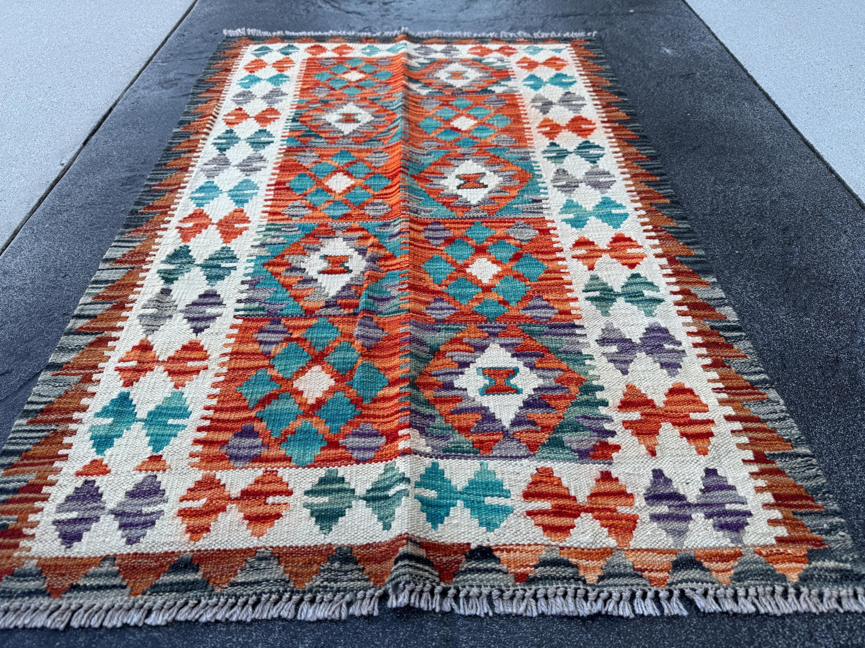 3x4 Handmade Afghan Kilim Rug | Cream White Rust Red Teal Aqua Blue Purple Grey Charcoal Grey Green | Wool Flatwoven