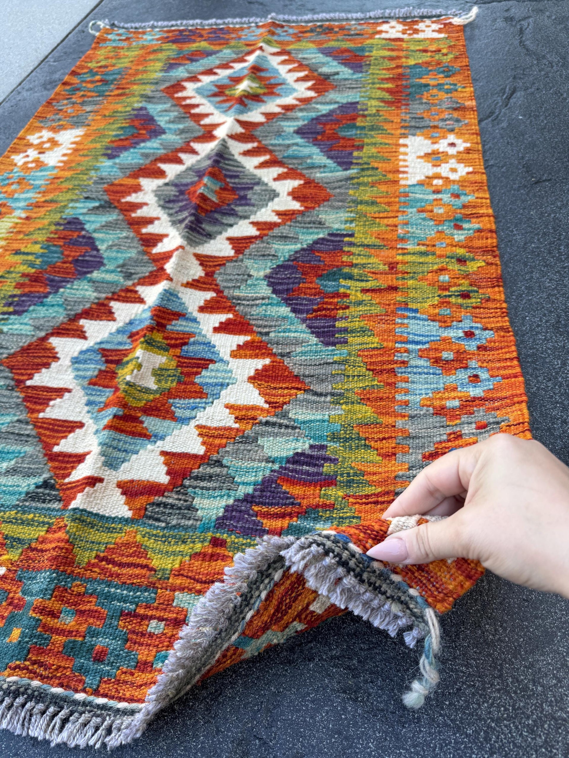 3x4 Handmade Afghan Kilim Rug | Rust Red Burnt Orange Cream White Mustard Yellow Olive Green Teal Aqua Blue Navy Purple Grey | Wool