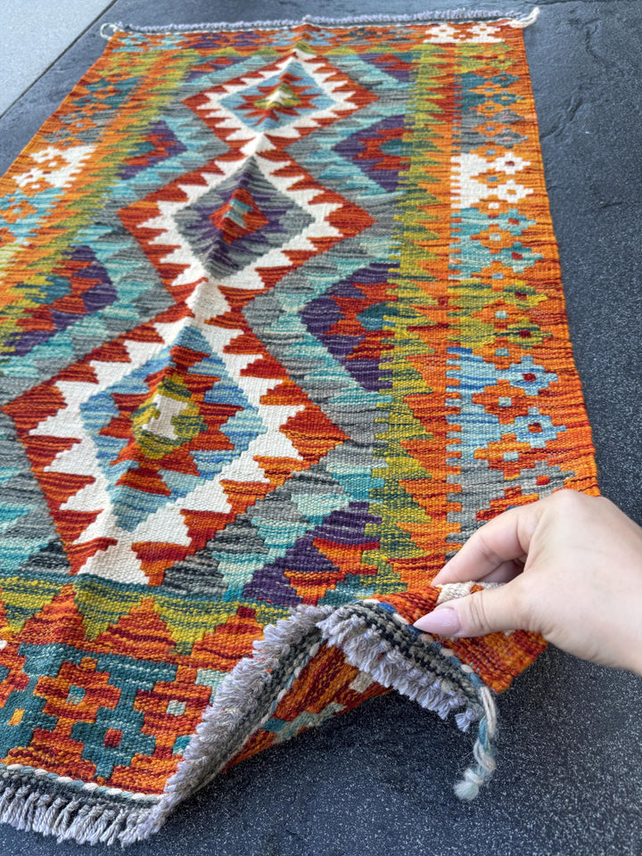 3x4 Handmade Afghan Kilim Rug | Rust Red Burnt Orange Cream White Mustard Yellow Olive Green Teal Aqua Blue Navy Purple Grey | Wool