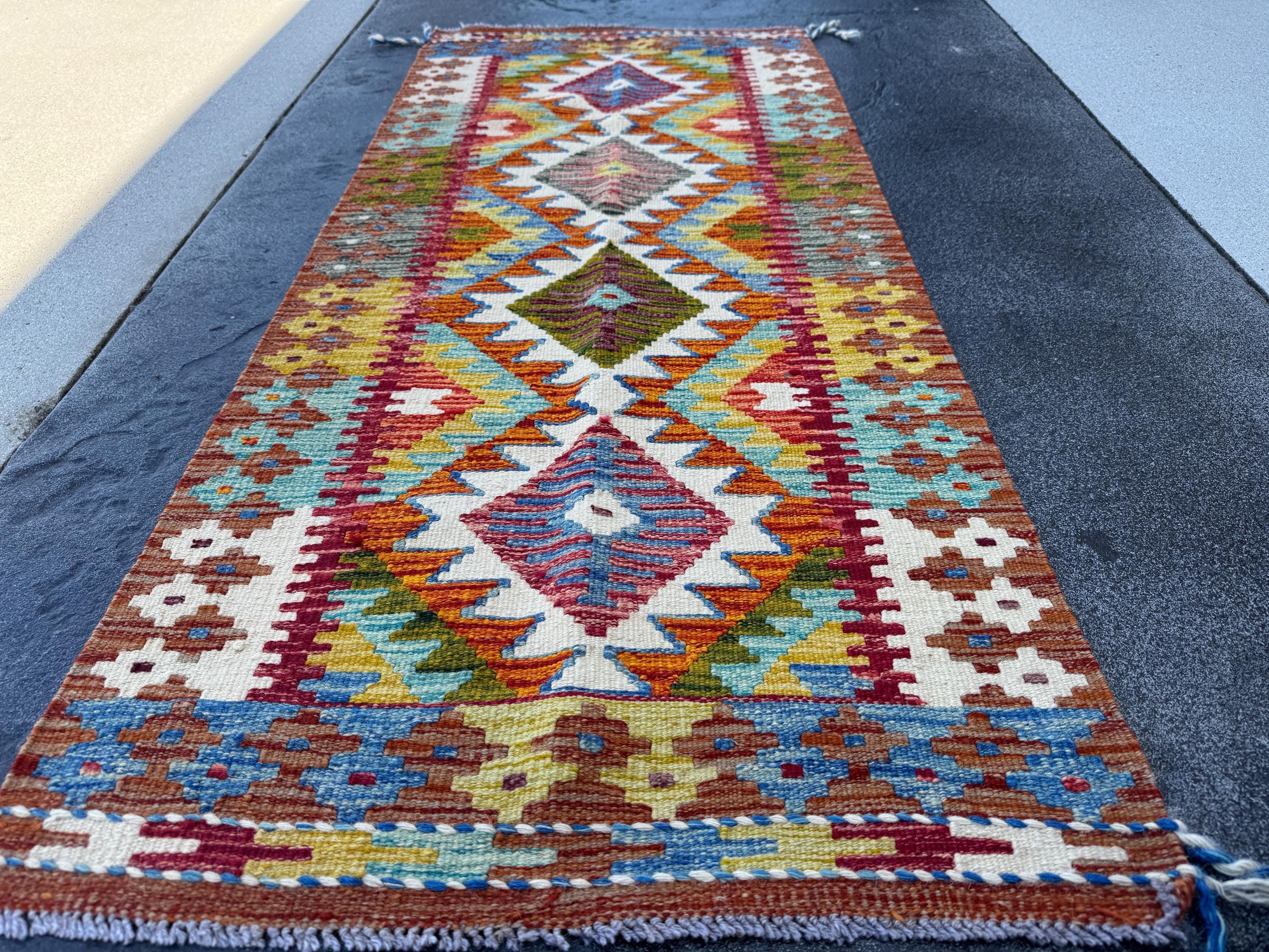 2x5 Handmade Afghan Kilim Runner Rug | Burnt Orange Cream White Olive Moss Green Aqua Teal Mustard Yellow Blood Red Maroon Denim Blue | Wool
