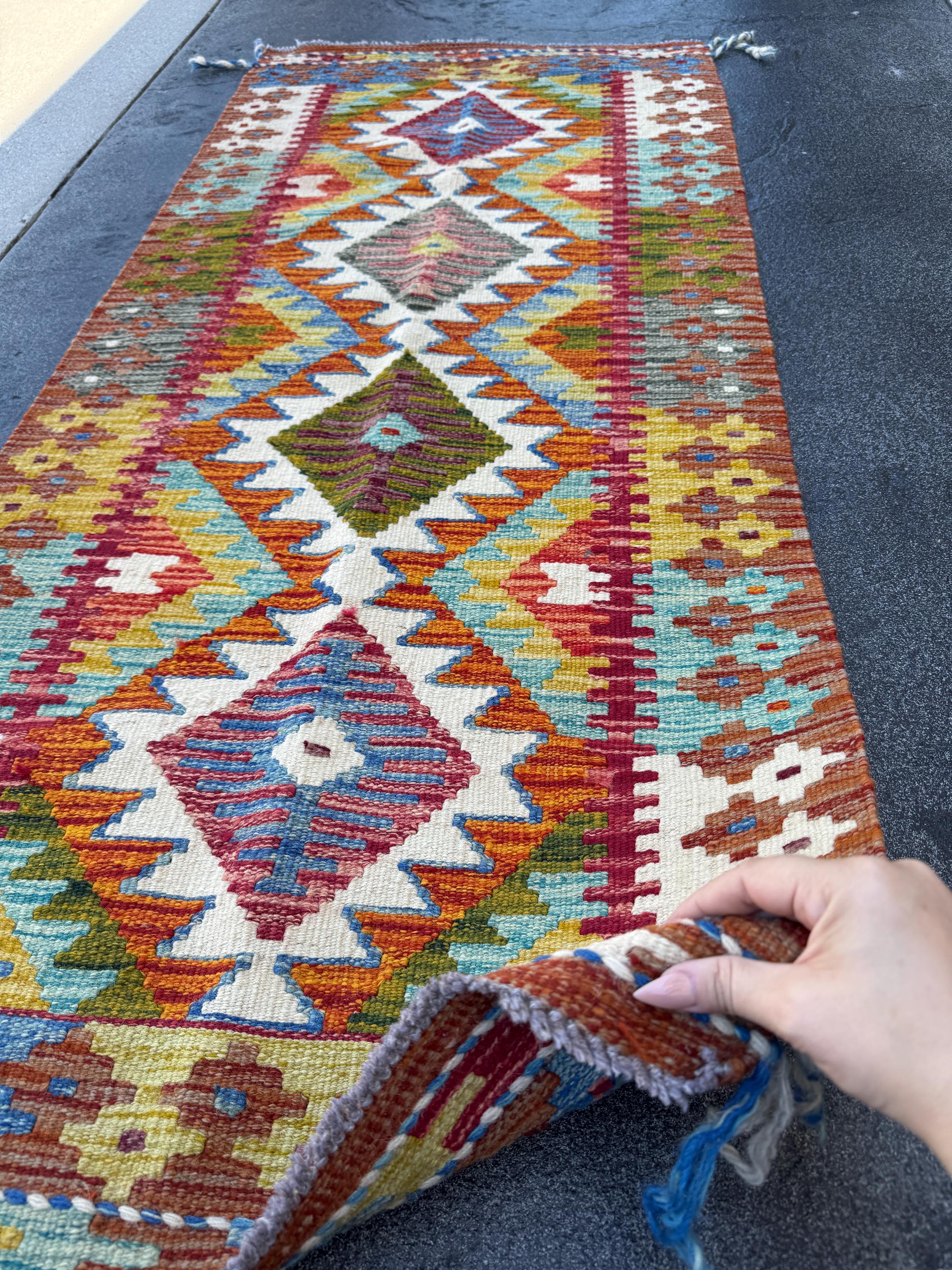 2x5 Handmade Afghan Kilim Runner Rug | Burnt Orange Cream White Olive Moss Green Aqua Teal Mustard Yellow Blood Red Maroon Denim Blue | Wool