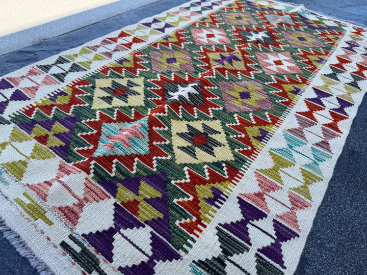 3x5 (91x152) Handmade Afghan Kilim Rug | Cream White Olive Forest Green Beige Charcoal Grey Aqua Teal Maroon Eggplant Purple Red | Flatwoven