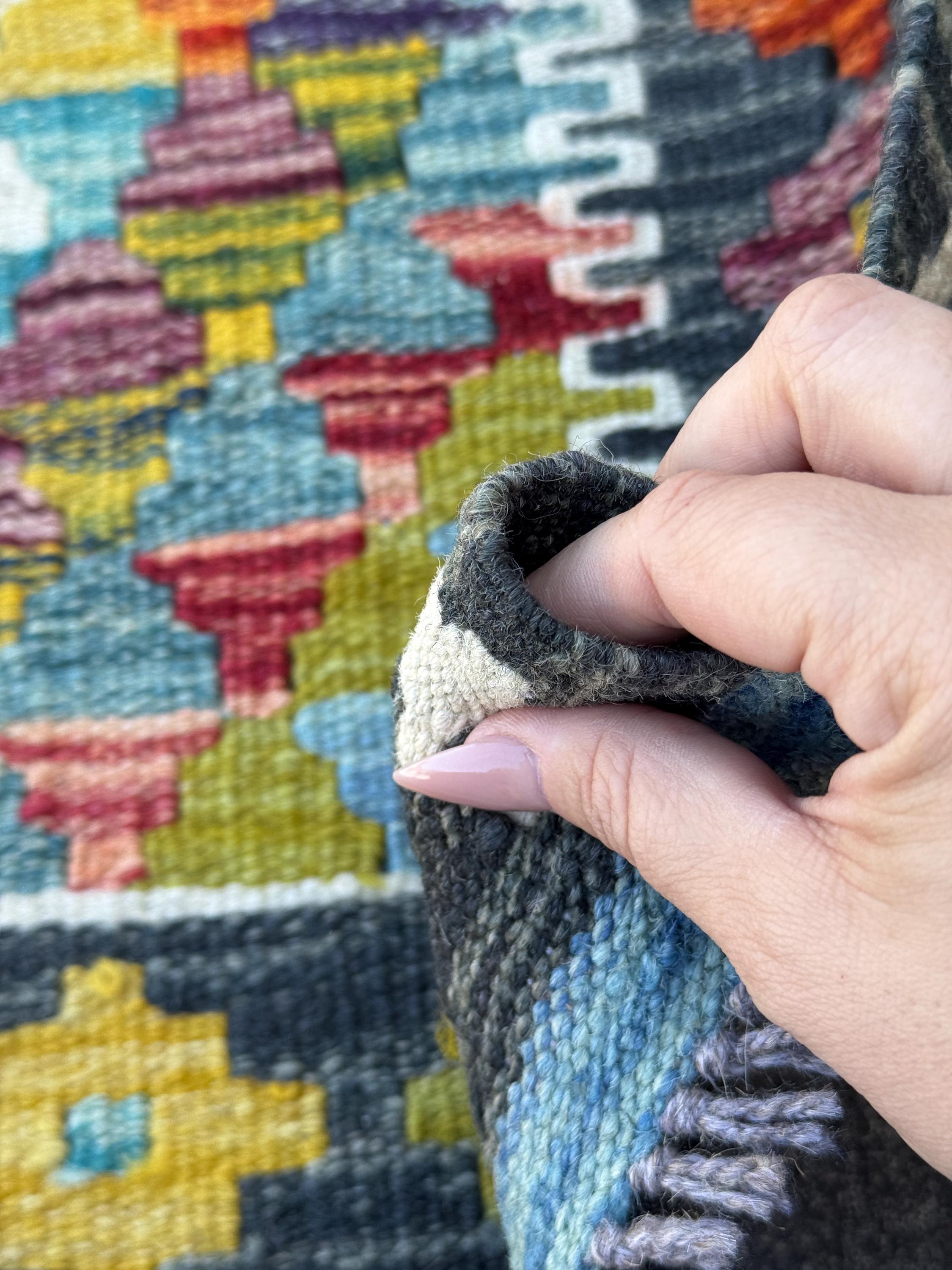 3x4 Handmade Afghan Kilim Rug | Charcoal Grey Burnt Orange Olive Moss Green Aqua Teal Maroon Mustard Yellow Red Denim Blue | Wool Flatwoven