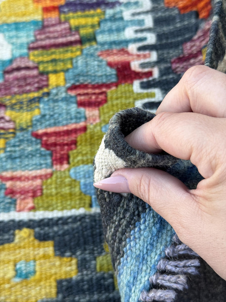 3x4 Handmade Afghan Kilim Rug | Charcoal Grey Burnt Orange Olive Moss Green Aqua Teal Maroon Mustard Yellow Red Denim Blue | Wool Flatwoven