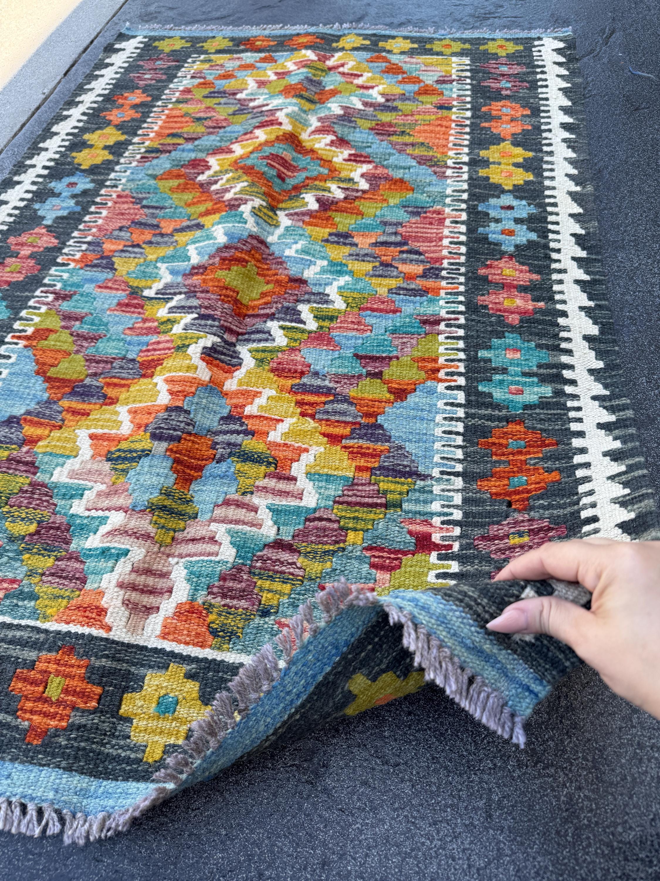 3x4 Handmade Afghan Kilim Rug | Charcoal Grey Burnt Orange Olive Moss Green Aqua Teal Maroon Mustard Yellow Red Denim Blue | Wool Flatwoven
