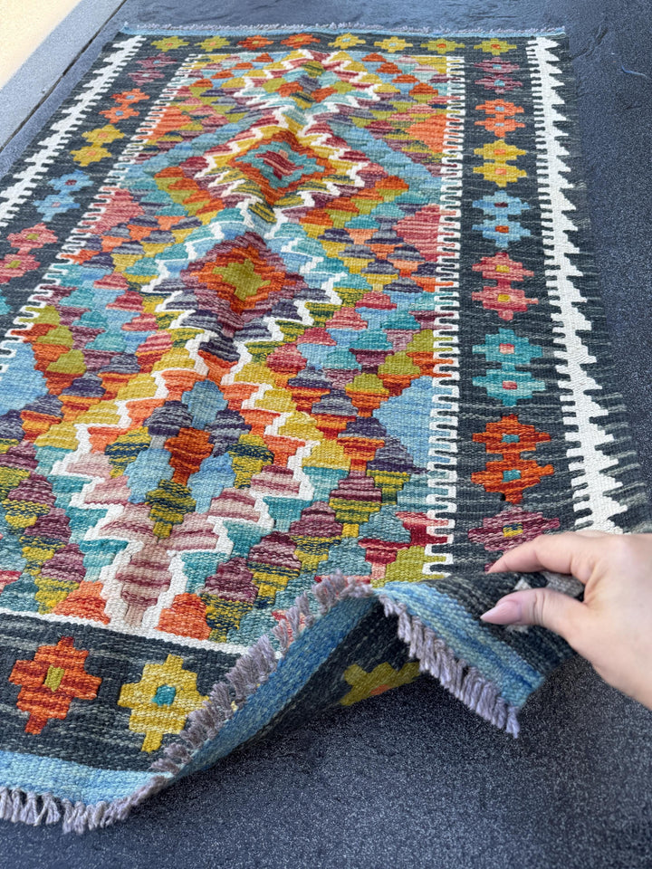 3x4 Handmade Afghan Kilim Rug | Charcoal Grey Burnt Orange Olive Moss Green Aqua Teal Maroon Mustard Yellow Red Denim Blue | Wool Flatwoven