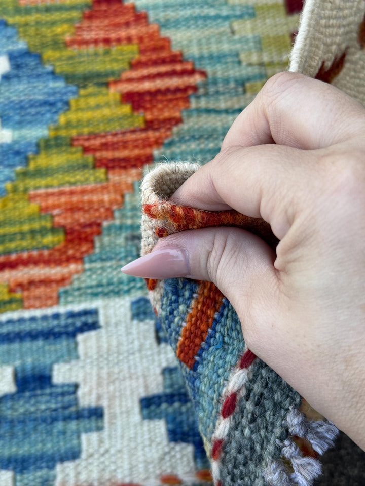 3x4 Handmade Afghan Kilim Rug | Cream White Brick Red Denim Blue Aqua Teal Olive Moss Green Rust Orange Maroon Grey | Wool Flatwoven