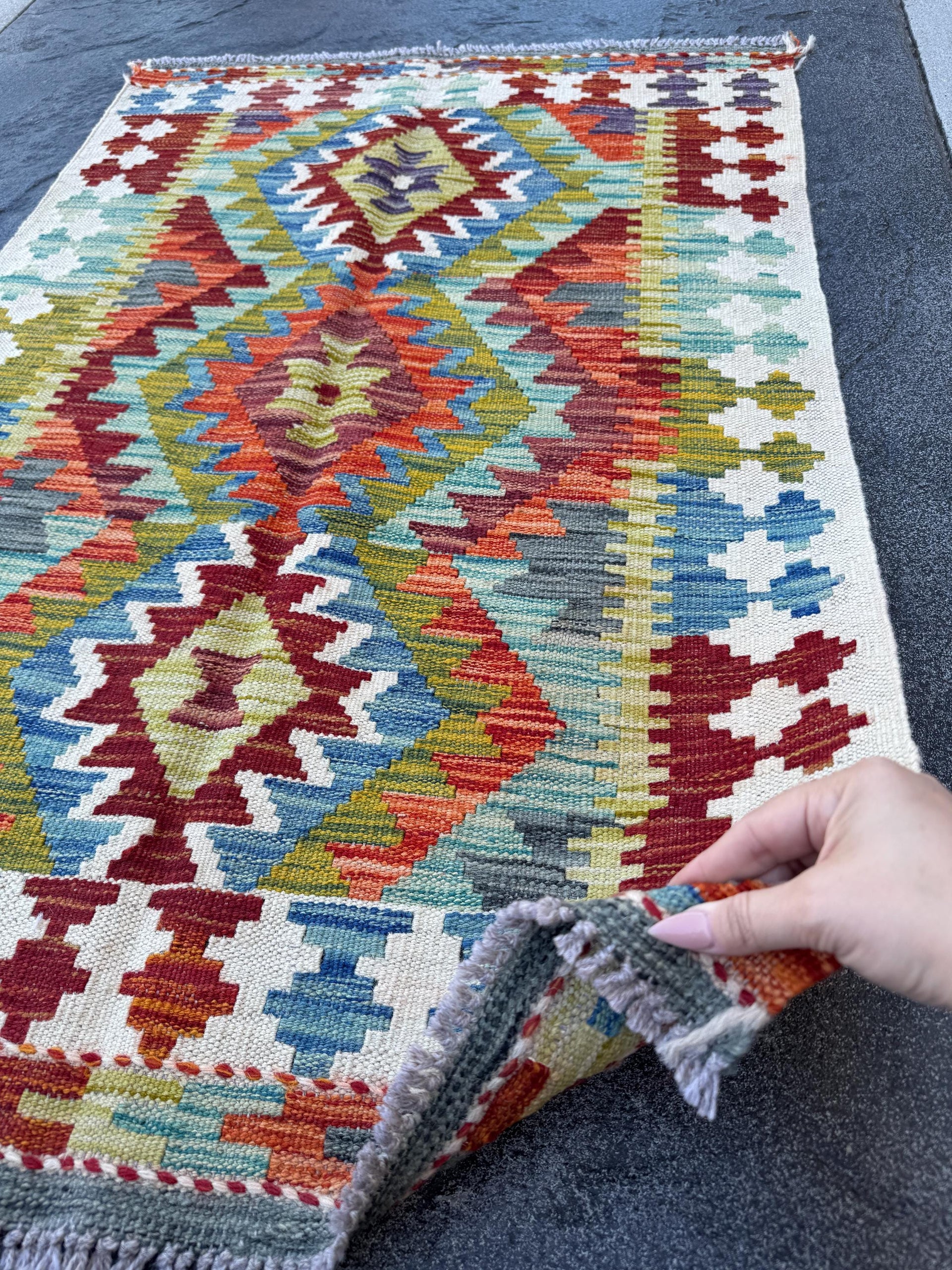3x4 Handmade Afghan Kilim Rug | Cream White Brick Red Denim Blue Aqua Teal Olive Moss Green Rust Orange Maroon Grey | Wool Flatwoven