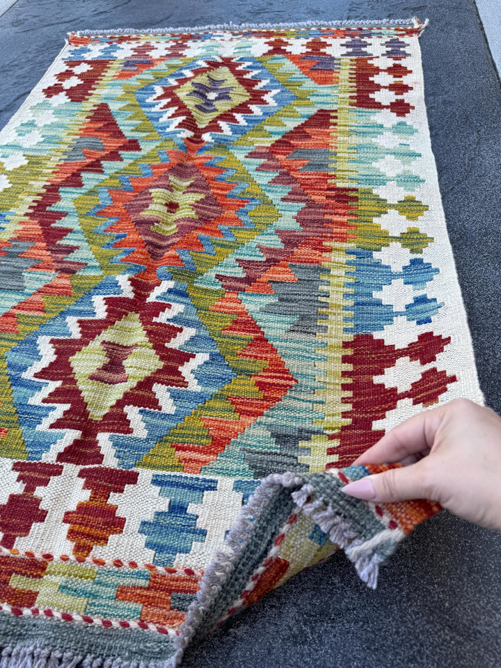 3x4 Handmade Afghan Kilim Rug | Cream White Brick Red Denim Blue Aqua Teal Olive Moss Green Rust Orange Maroon Grey | Wool Flatwoven