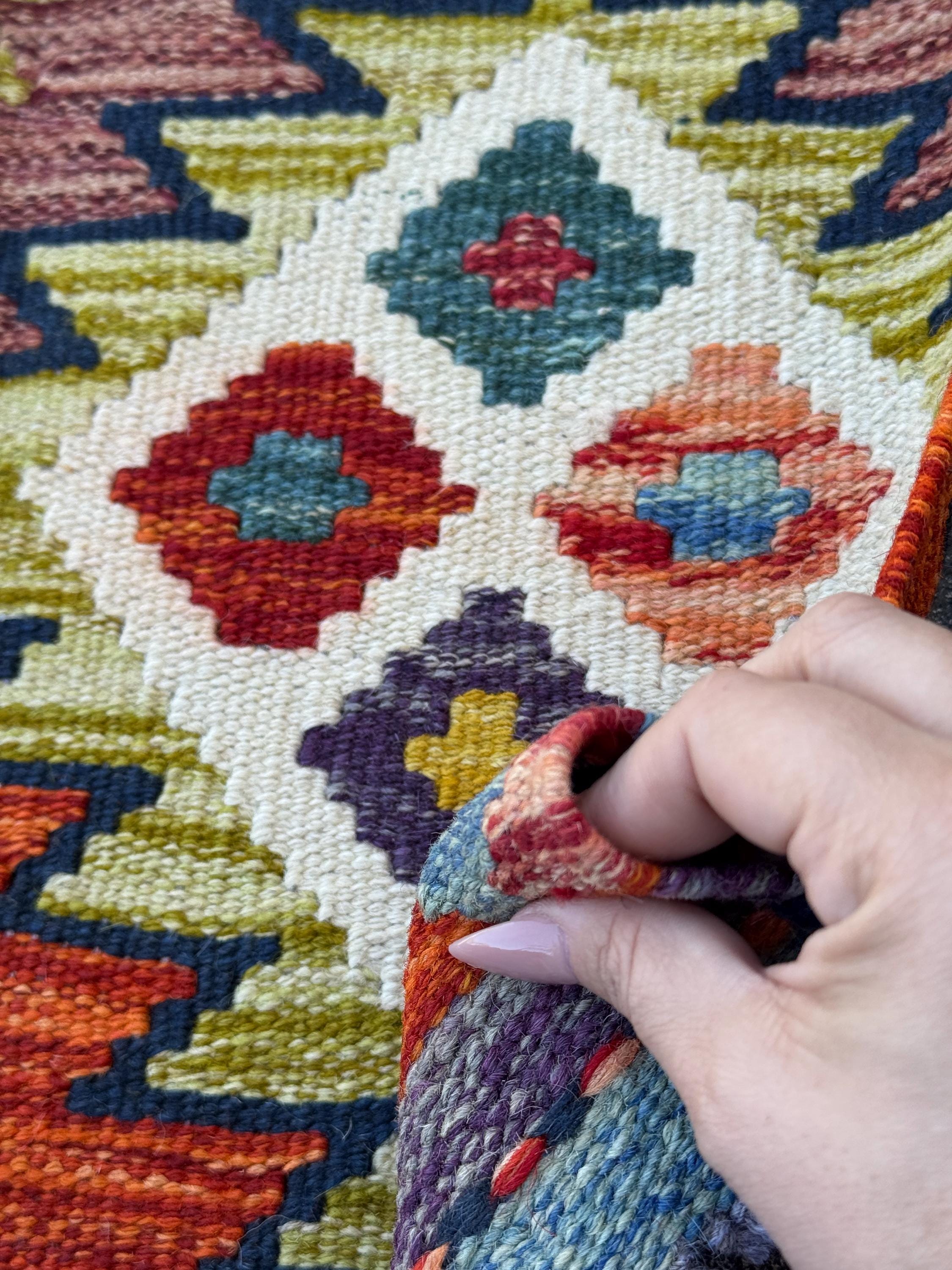 2x5 Handmade Afghan Kilim Runner Rug | Burnt Orange Aqua Teal Olive Green Mustard Brick Red Cream White Forest Purple | Wool Flatwoven