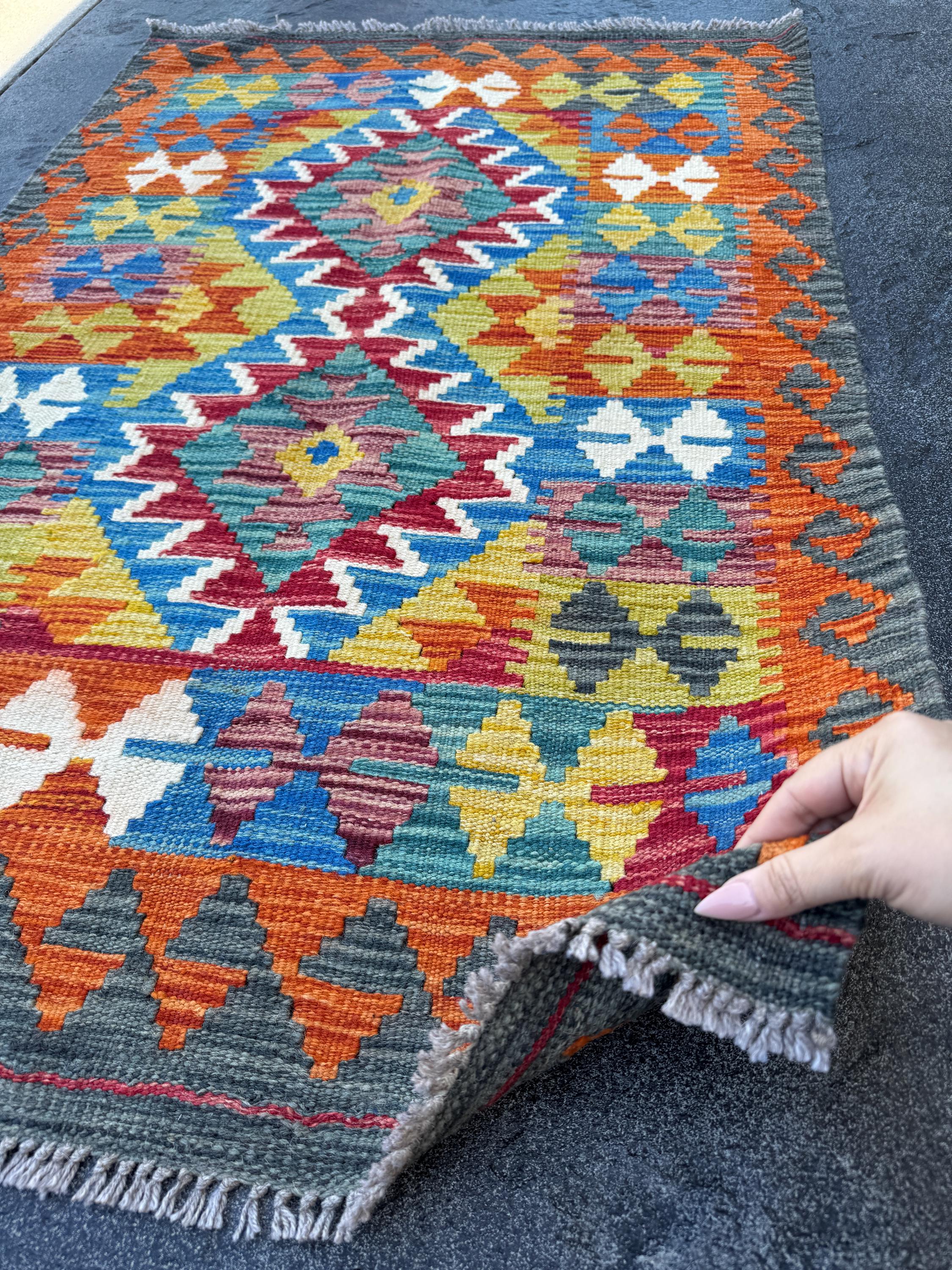 3x4 Handmade Afghan Kilim Rug | Charcoal Grey Denim Navy Blue Brick Red Cream White Mustard Yellow Teal Aqua Olive Green | Wool Flatwoven