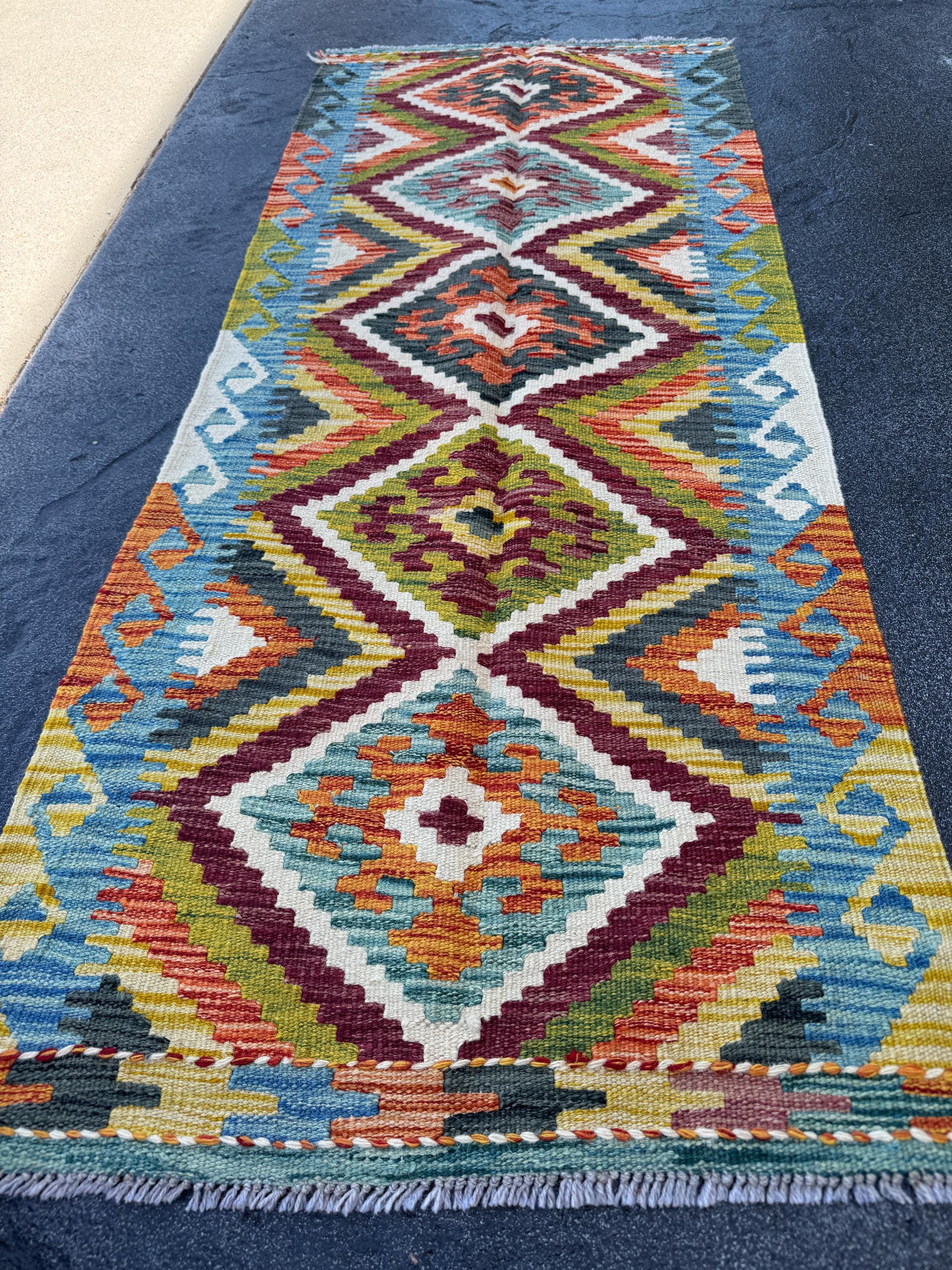 2x5 Handmade Afghan Kilim Runner Rug | Olive Green Maroon Aqua Teal Cream White Burnt Orange Denim Blue Charcoal Grey | Wool Flatwoven