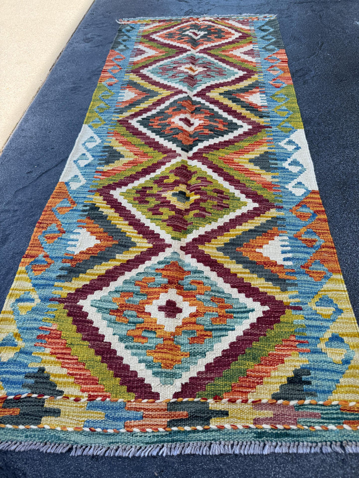 2x5 Handmade Afghan Kilim Runner Rug | Olive Green Maroon Aqua Teal Cream White Burnt Orange Denim Blue Charcoal Grey | Wool Flatwoven