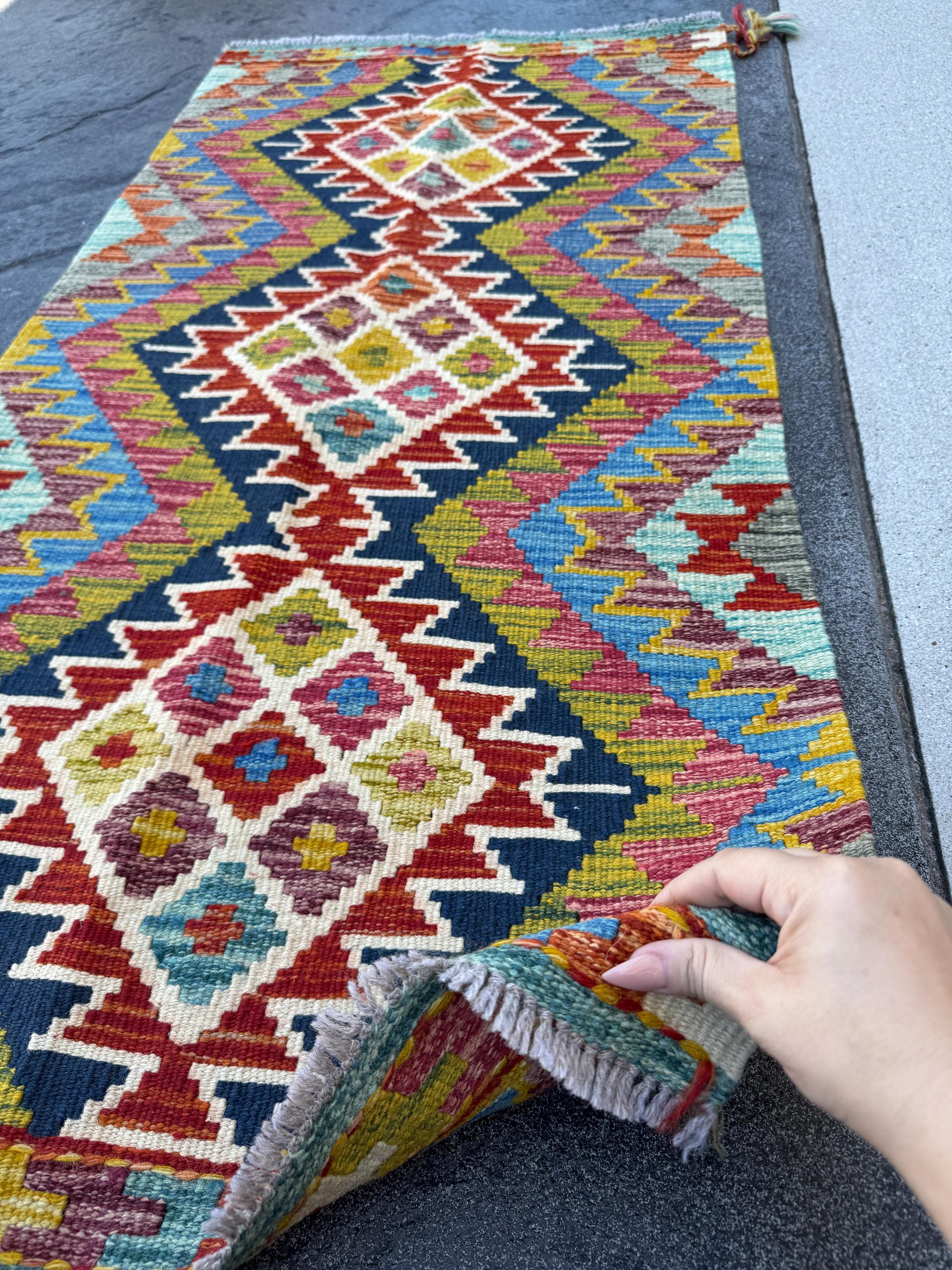 2x5 Handmade Afghan Kilim Runner Rug | Midnight Blue Denim Olive Moss Green Cream White Aqua Teal Rust Red Chocolate Orange | Wool Flatwoven