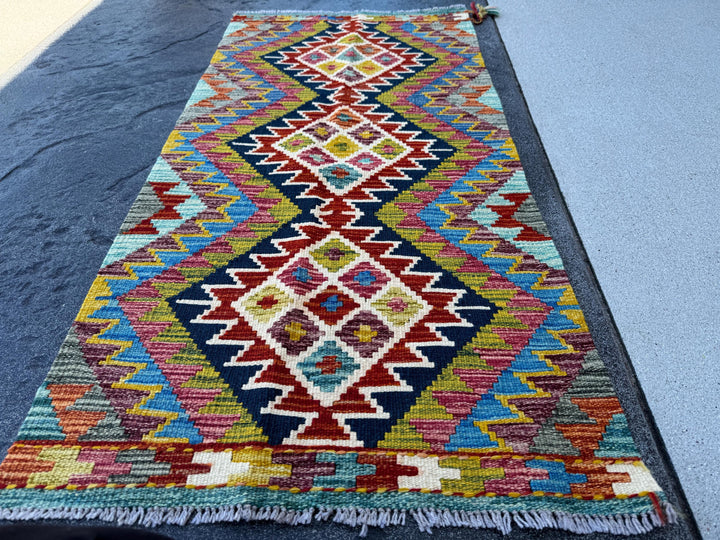 2x5 Handmade Afghan Kilim Runner Rug | Midnight Blue Denim Olive Moss Green Cream White Aqua Teal Rust Red Chocolate Orange | Wool Flatwoven