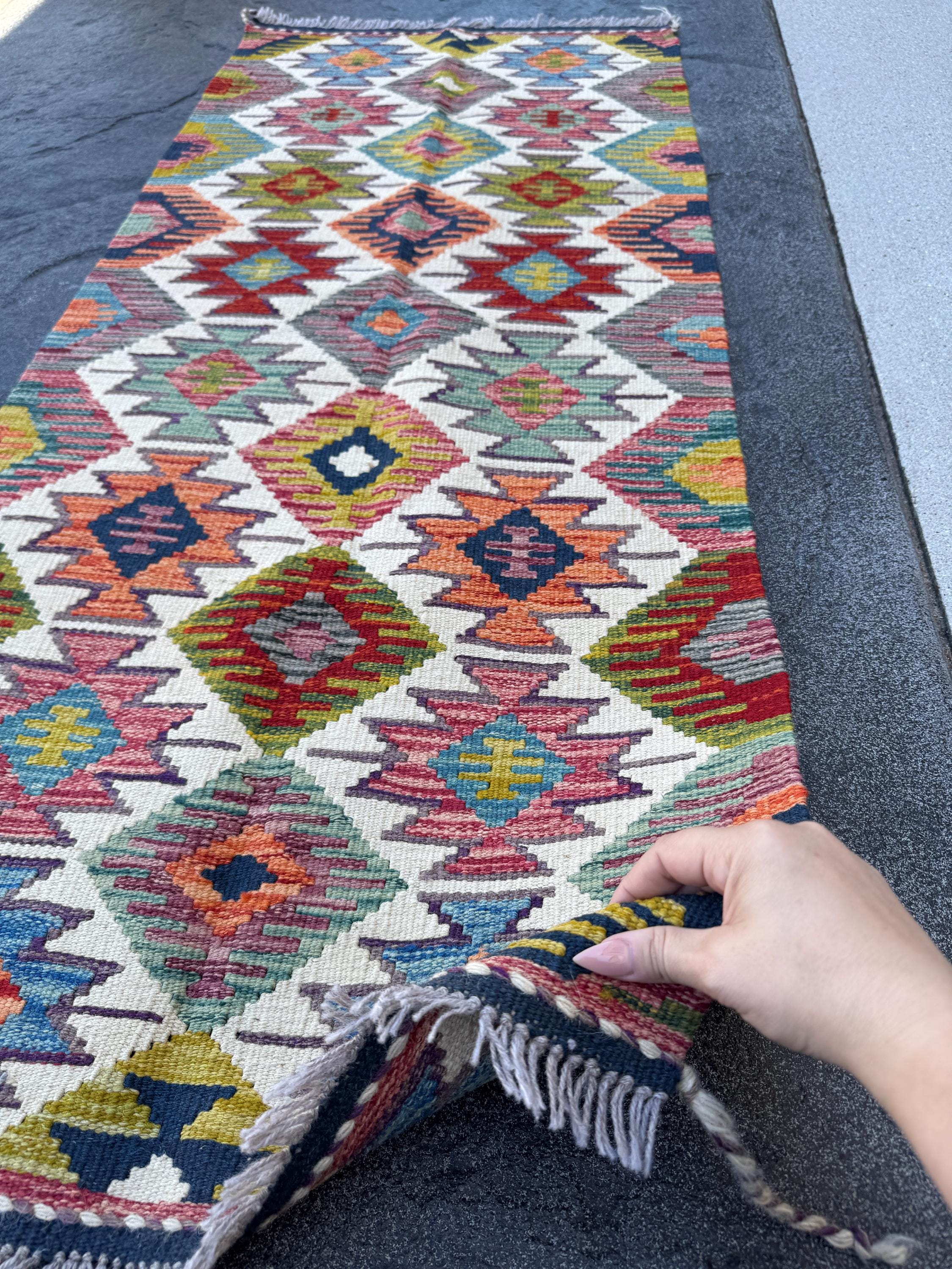 2x5 Handmade Afghan Kilim Runner Rug | Cream White Rust Red Maroon Olive Moss Green Aqua Teal Denim Blue Charcoal Grey Orange | Flatwoven