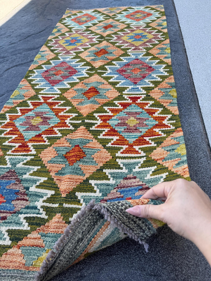 2x5 Handmade Afghan Kilim Runner Rug | Moss olive Green Orange Rust Red Teal Aqua Denim Blue Purple Maroon Cream White Mustard | Flatwoven