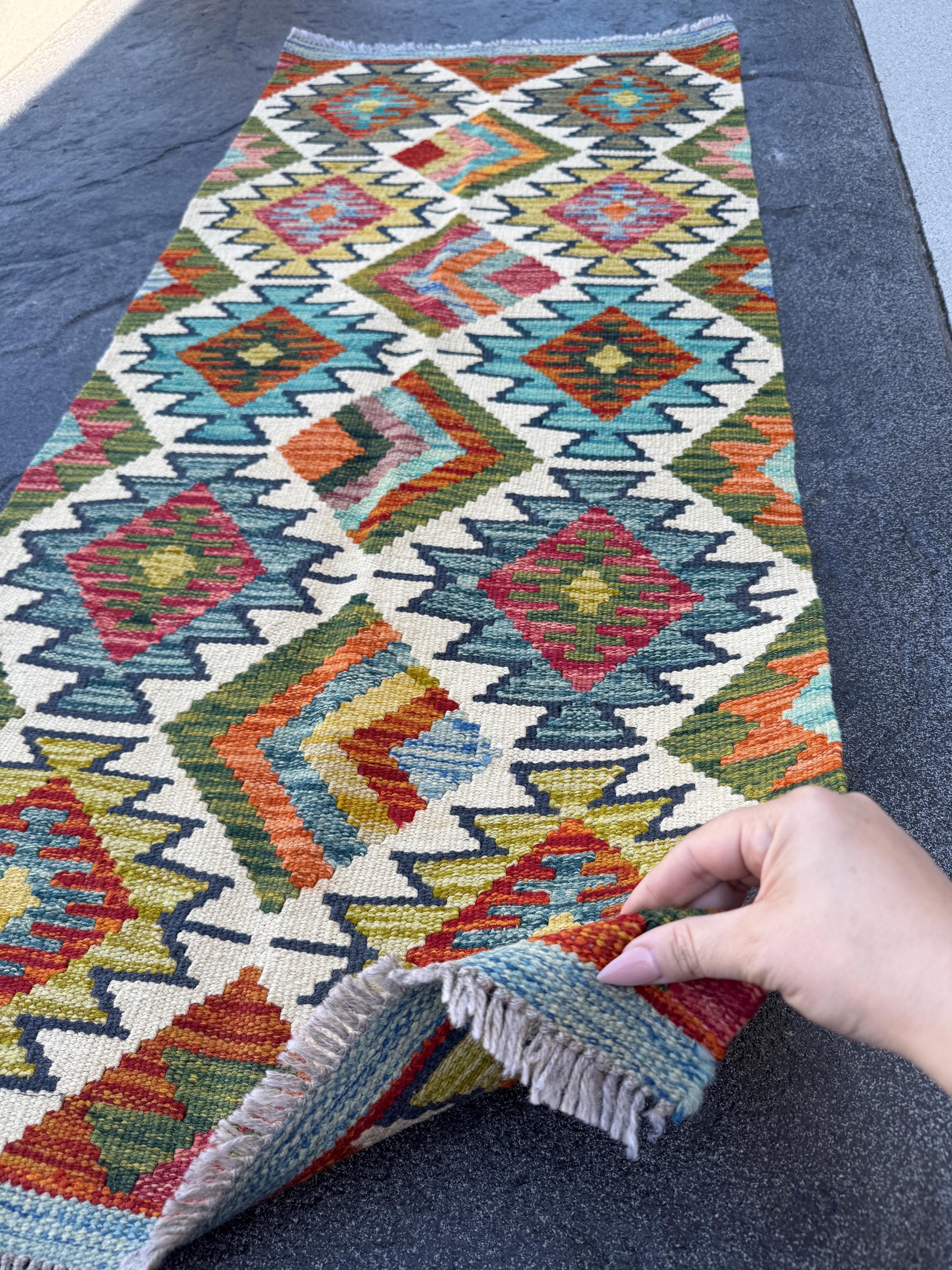 2x5 Handmade Afghan Kilim Runner Rug | Cream White Rust Red Olive Moss Green Aqua Teal Denim Blue Charcoal Grey Burnt Orange | Flatwoven