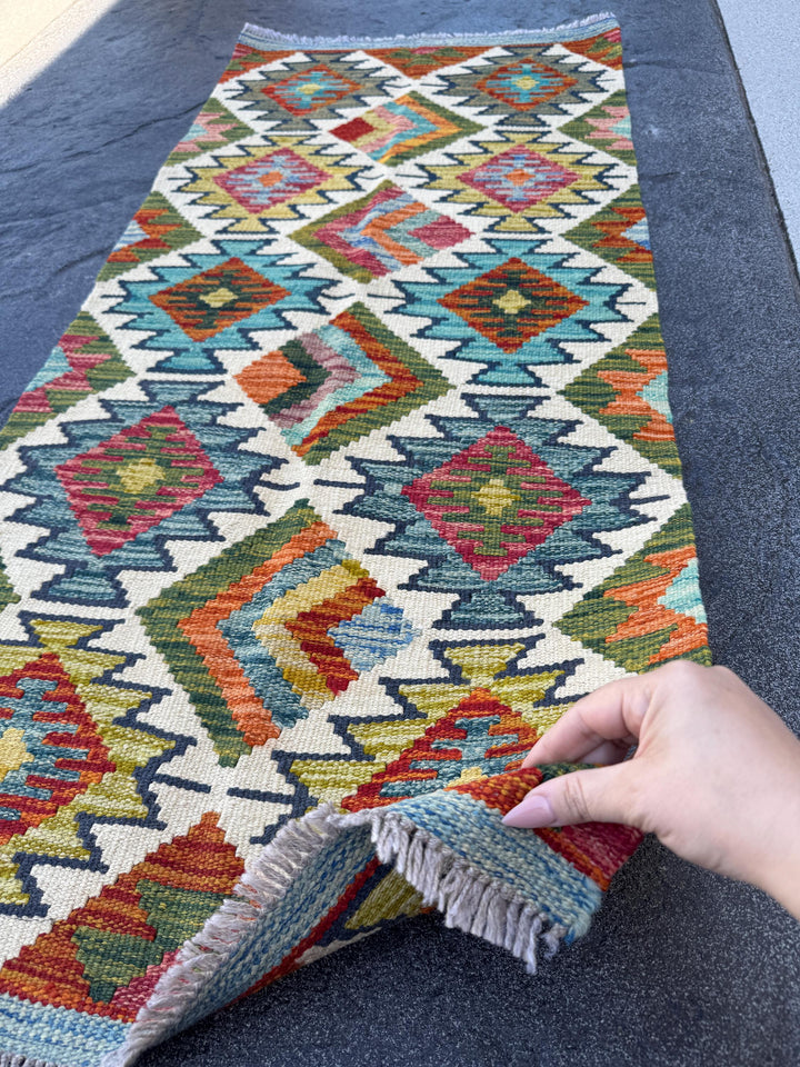 2x5 Handmade Afghan Kilim Runner Rug | Cream White Rust Red Olive Moss Green Aqua Teal Denim Blue Charcoal Grey Burnt Orange | Flatwoven