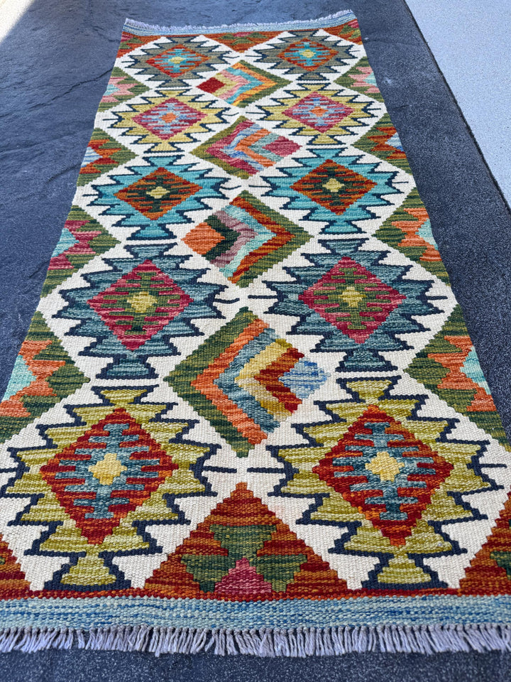 2x5 Handmade Afghan Kilim Runner Rug | Cream White Rust Red Olive Moss Green Aqua Teal Denim Blue Charcoal Grey Burnt Orange | Flatwoven