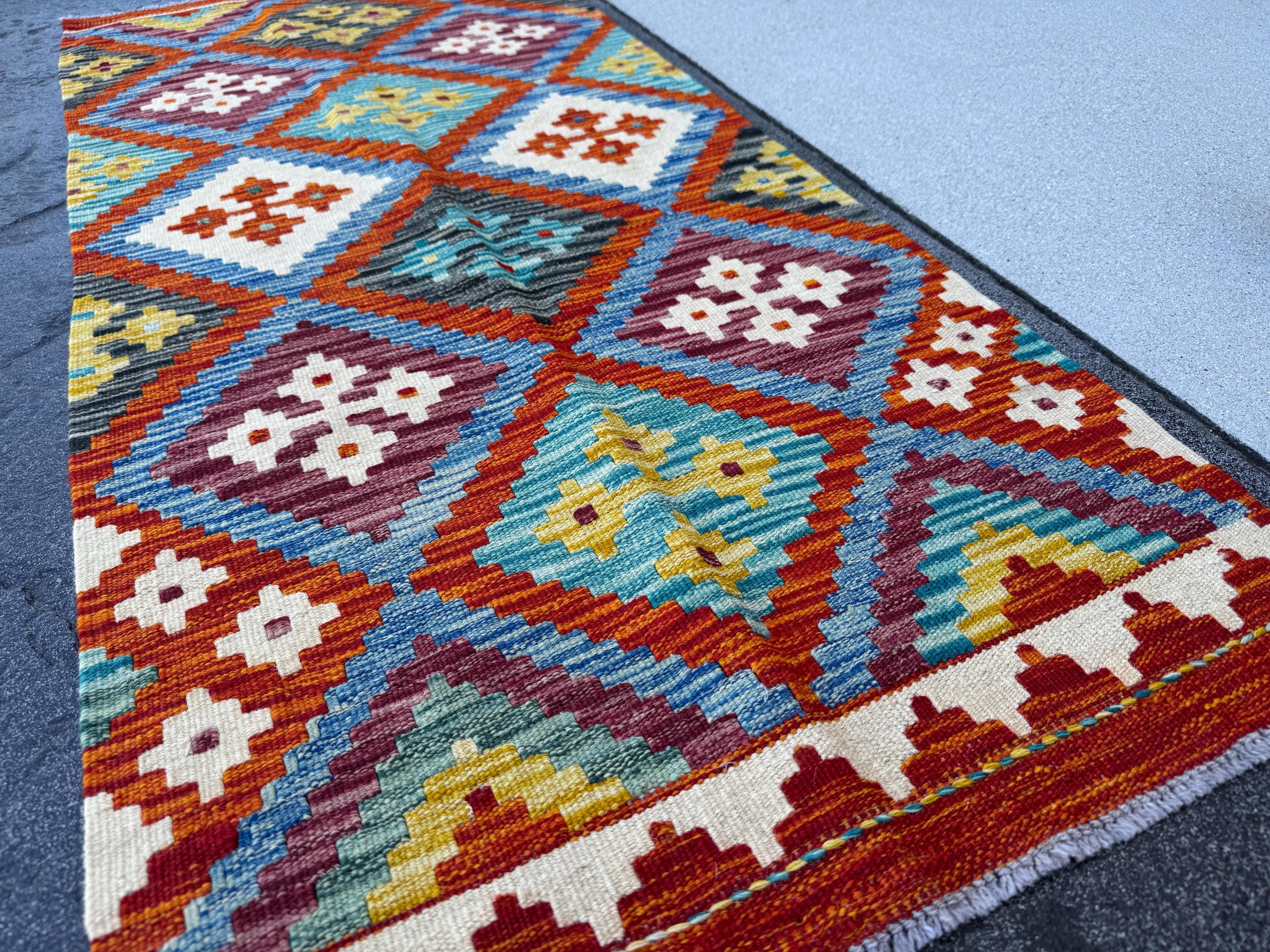 2x5 Handmade Afghan Kilim Runner Rug | Denim Blue Burnt Orange Aqua Teal Eggplant Purple Mustard Yellow Charcoal Grey | Wool Flatwoven