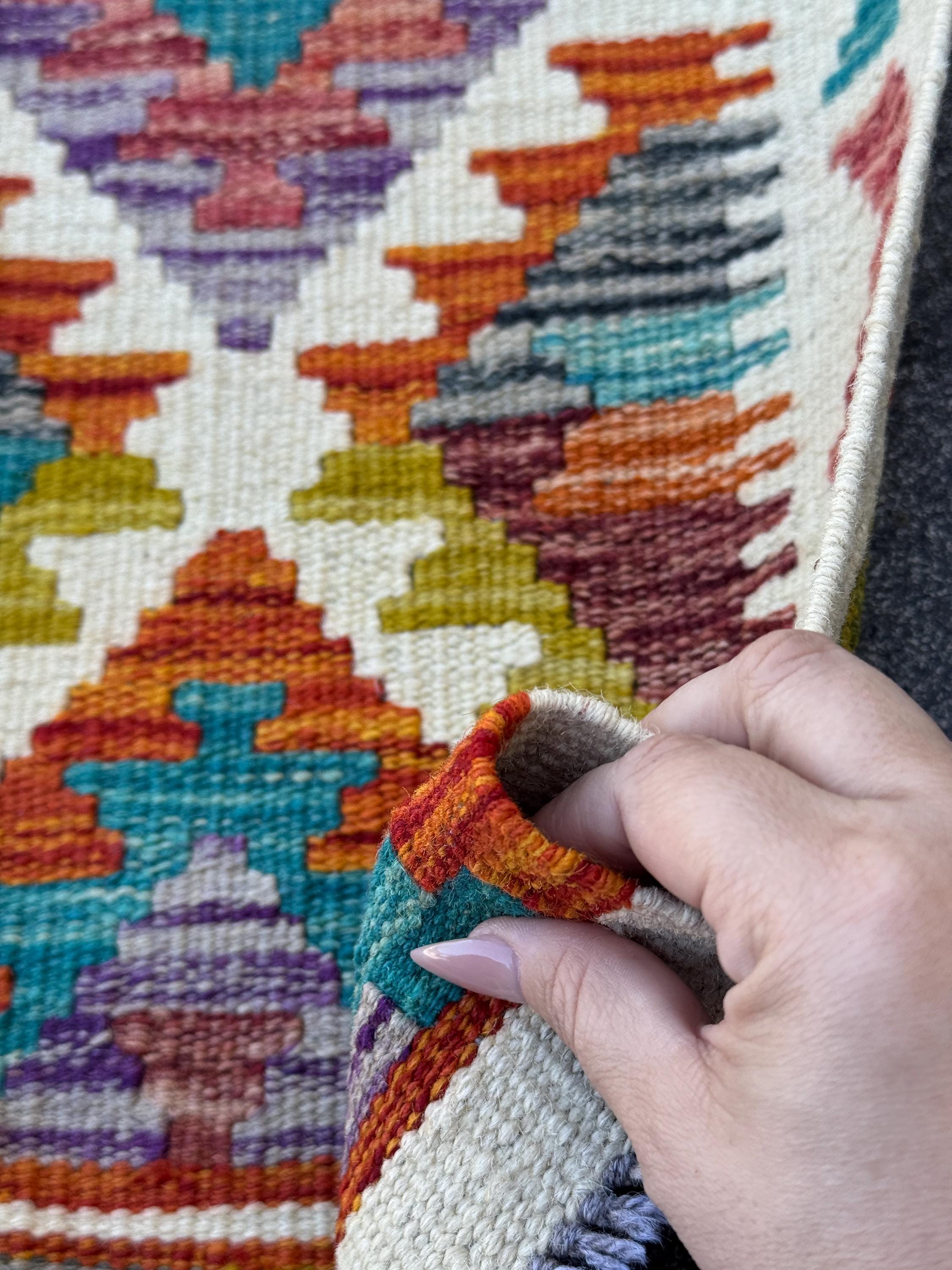 2x5 Handmade Afghan Kilim Runner Rug | Cream White Rust Red Olive Moss Green Aqua Teal Charcoal Grey Burnt Orange Purple | Wool Flatwoven