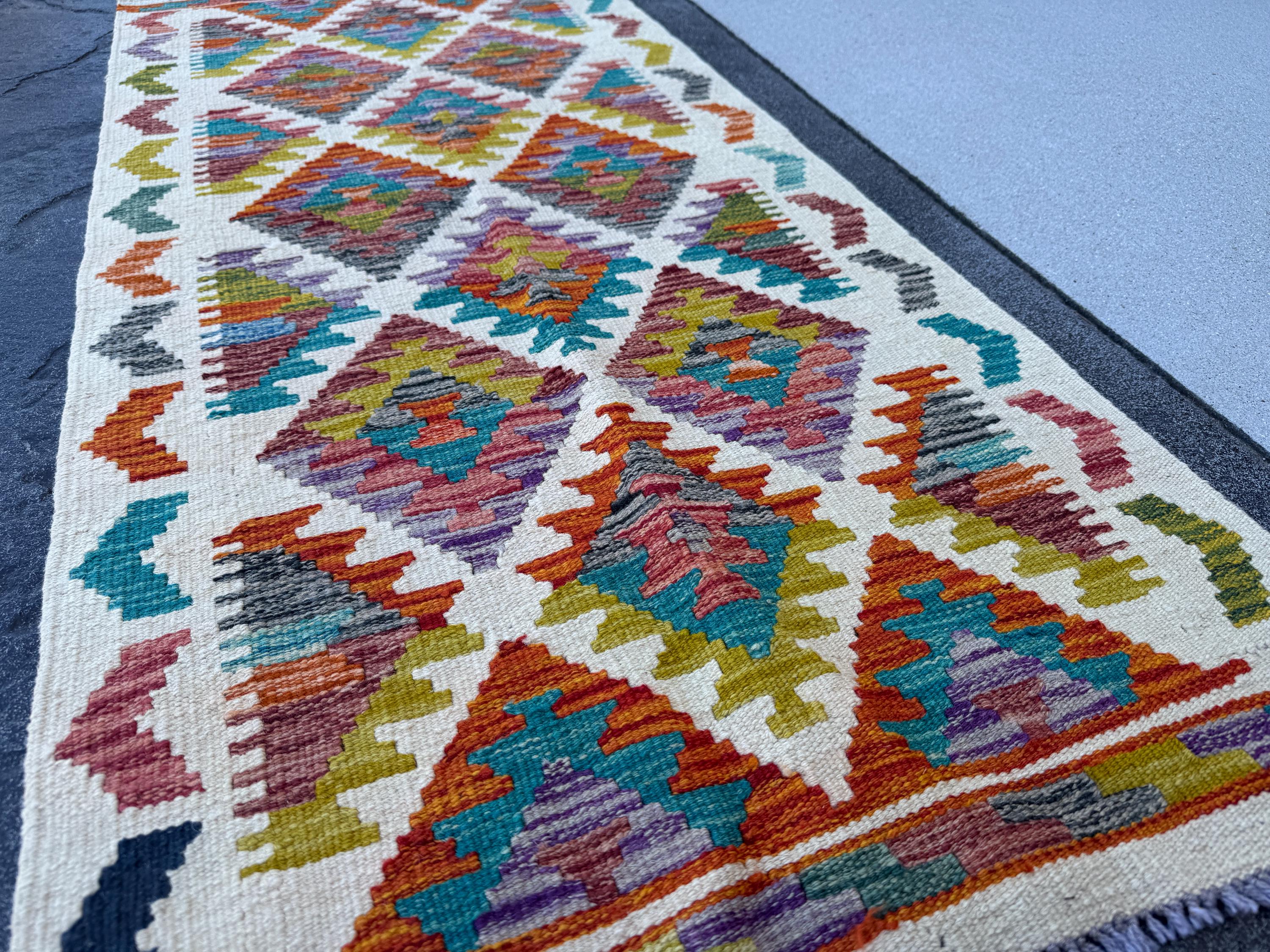2x5 Handmade Afghan Kilim Runner Rug | Cream White Rust Red Olive Moss Green Aqua Teal Charcoal Grey Burnt Orange Purple | Wool Flatwoven