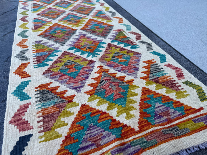 2x5 Handmade Afghan Kilim Runner Rug | Cream White Rust Red Olive Moss Green Aqua Teal Charcoal Grey Burnt Orange Purple | Wool Flatwoven