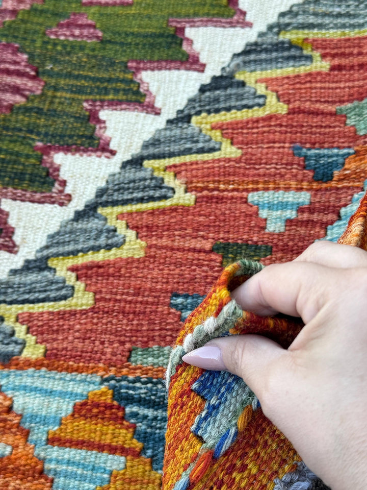 3x5 (91x152) Handmade Afghan Kilim Rug | Burnt Orange Cream White Forest Moss Olive Green Charcoal Grey Teal Denim Blue | Wool Flatwoven