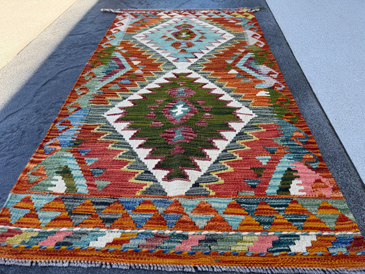 3x5 (91x152) Handmade Afghan Kilim Rug | Burnt Orange Cream White Forest Moss Olive Green Charcoal Grey Teal Denim Blue | Wool Flatwoven