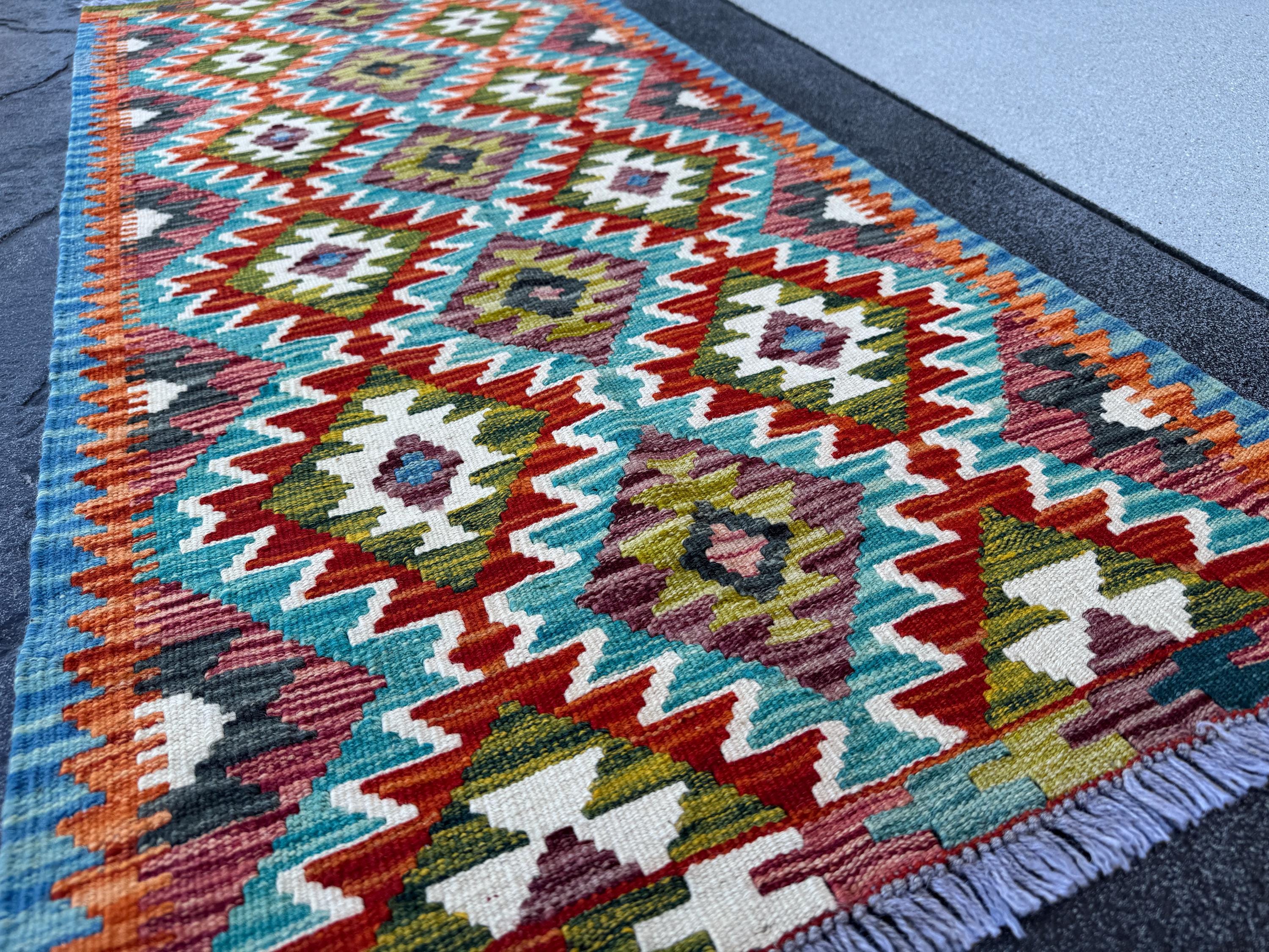 2x5 Handmade Afghan Kilim Runner Rug | Teal Aqua Moss Olive Green Cream White Charcoal Grey Rust Red Burnt Orange Maroon Denim Blue | Wool