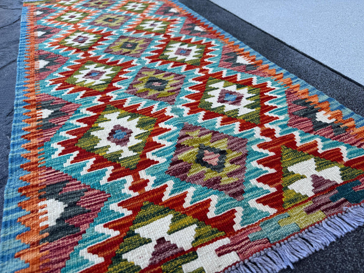 2x5 Handmade Afghan Kilim Runner Rug | Teal Aqua Moss Olive Green Cream White Charcoal Grey Rust Red Burnt Orange Maroon Denim Blue | Wool