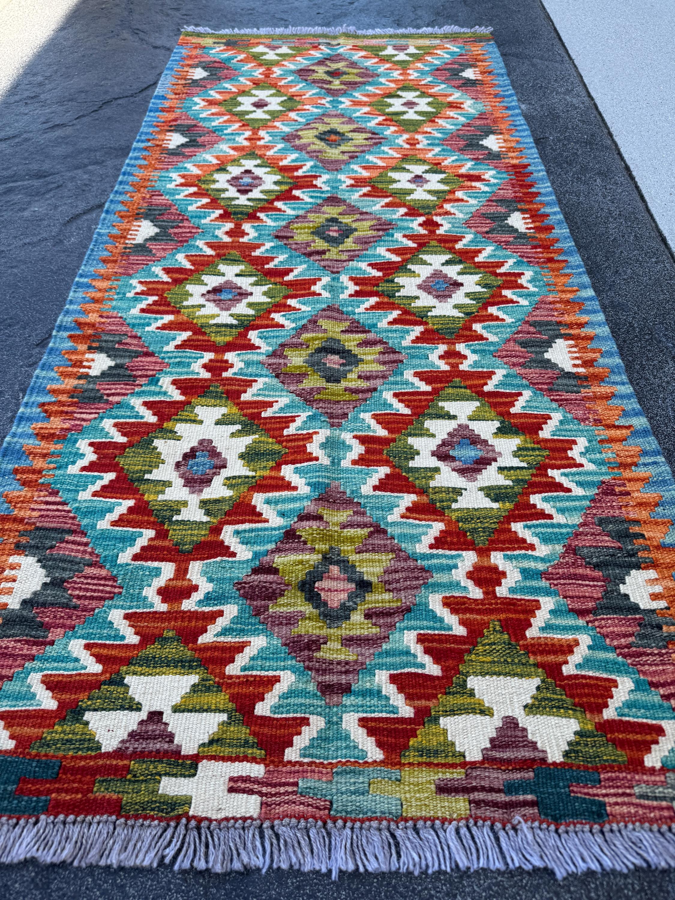 2x5 Handmade Afghan Kilim Runner Rug | Teal Aqua Moss Olive Green Cream White Charcoal Grey Rust Red Burnt Orange Maroon Denim Blue | Wool