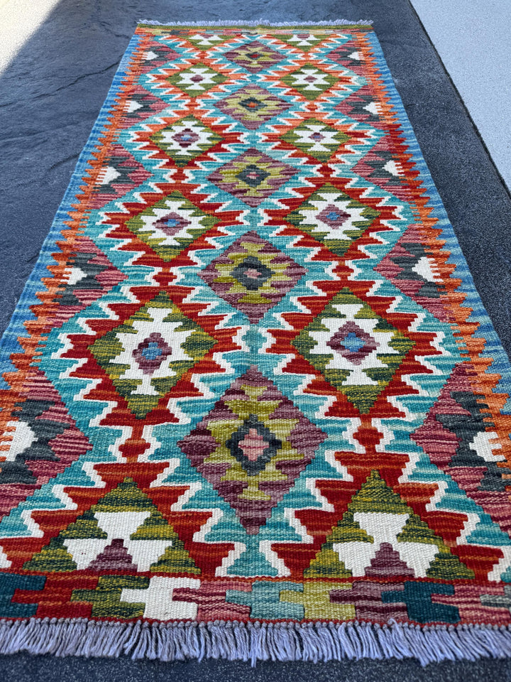 2x5 Handmade Afghan Kilim Runner Rug | Teal Aqua Moss Olive Green Cream White Charcoal Grey Rust Red Burnt Orange Maroon Denim Blue | Wool