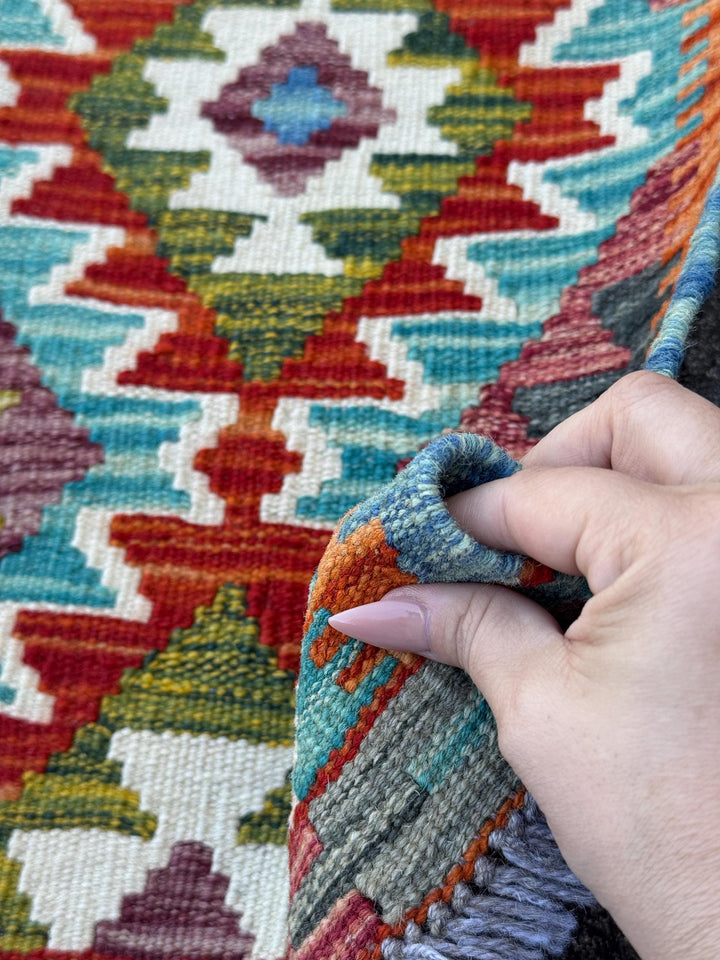 2x5 Handmade Afghan Kilim Runner Rug | Teal Aqua Moss Olive Green Cream White Charcoal Grey Rust Red Burnt Orange Maroon Denim Blue | Wool
