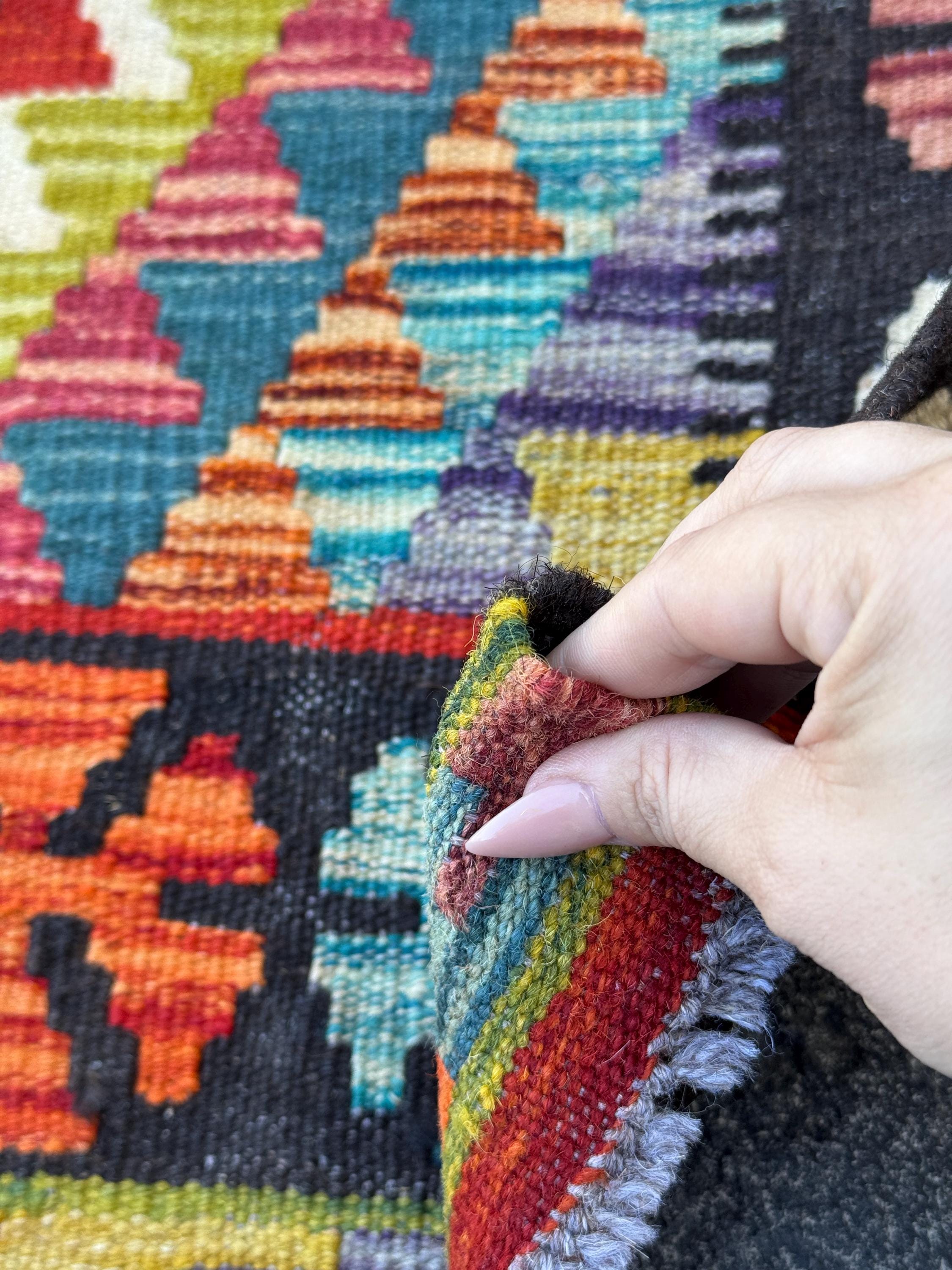 3x5 (91x152) Handmade Afghan Kilim Rug | Black Brick Red Burnt Orange Teal Turquoise Purple Olive Green Mustard Gold Denim Blue | Flatwoven