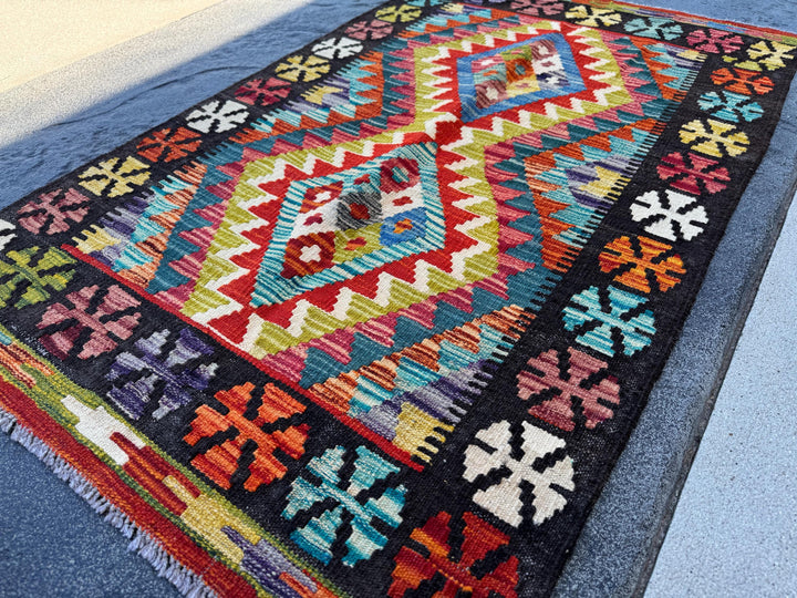 3x5 (91x152) Handmade Afghan Kilim Rug | Black Brick Red Burnt Orange Teal Turquoise Purple Olive Green Mustard Gold Denim Blue | Flatwoven
