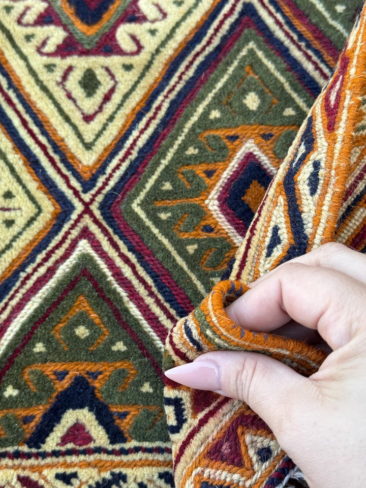 3x4 Handmade Afghan Kilim Rug | Forest Pine Green Black Cream Beige Burnt Orange Black Rust Red Coffee Brown | Wool Flatwoven