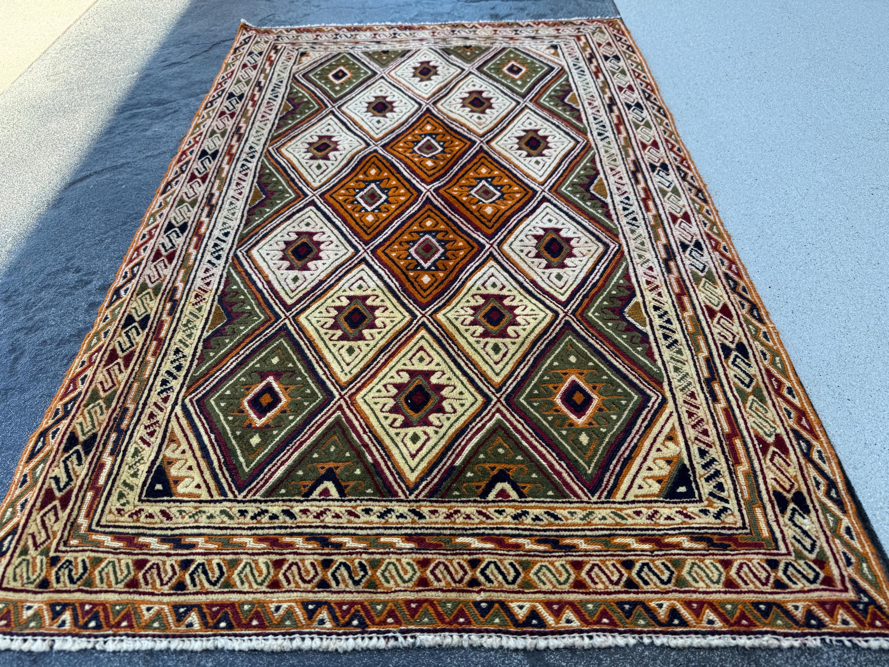 3x4 Handmade Afghan Kilim Rug | Forest Pine Green Black Cream Beige Burnt Orange Black Rust Red Coffee Brown | Wool Flatwoven